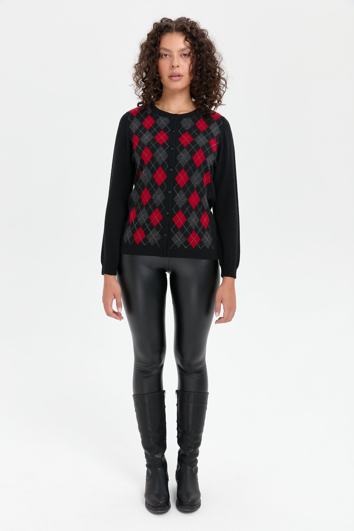 24039Kadın Sıfır Yaka Önü Baklavalı Yün Hırka Siyah