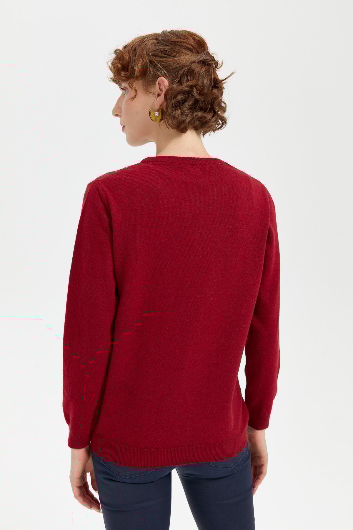 24035Kadın Sıfır Yaka Önü Baklavalı Yün Kazak V.Kırmızı