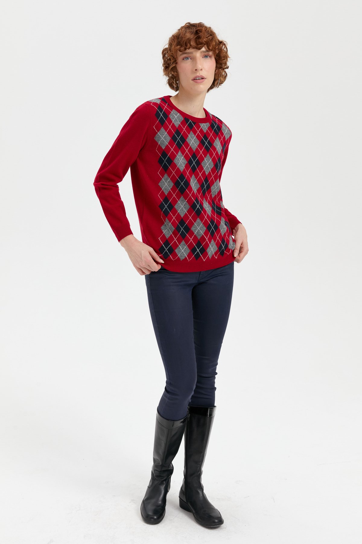 24035Kadın Sıfır Yaka Önü Baklavalı Yün Kazak K.Kırmızı