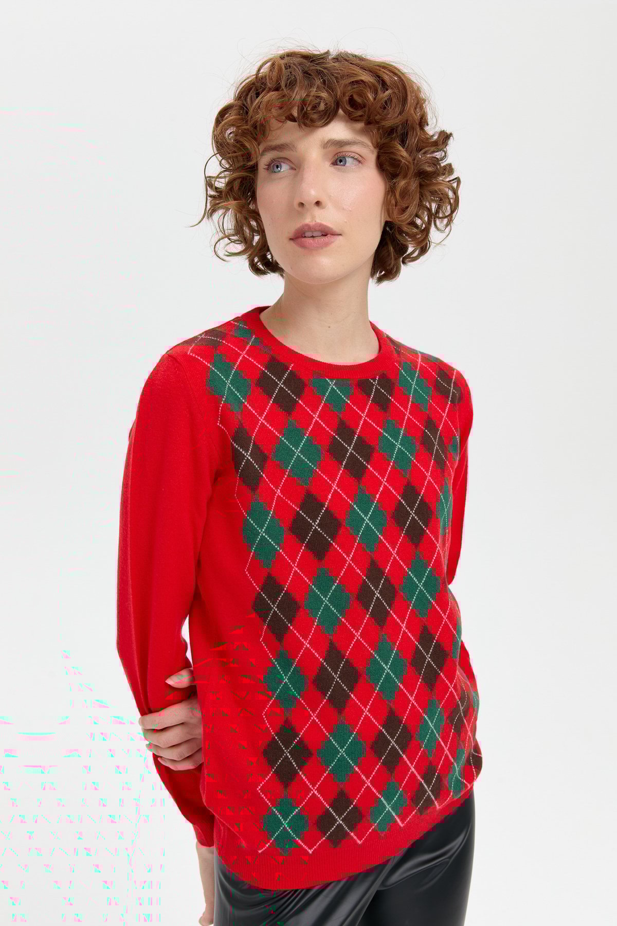 24035Kadın Sıfır Yaka Önü Baklavalı Yün Kazak Mercan