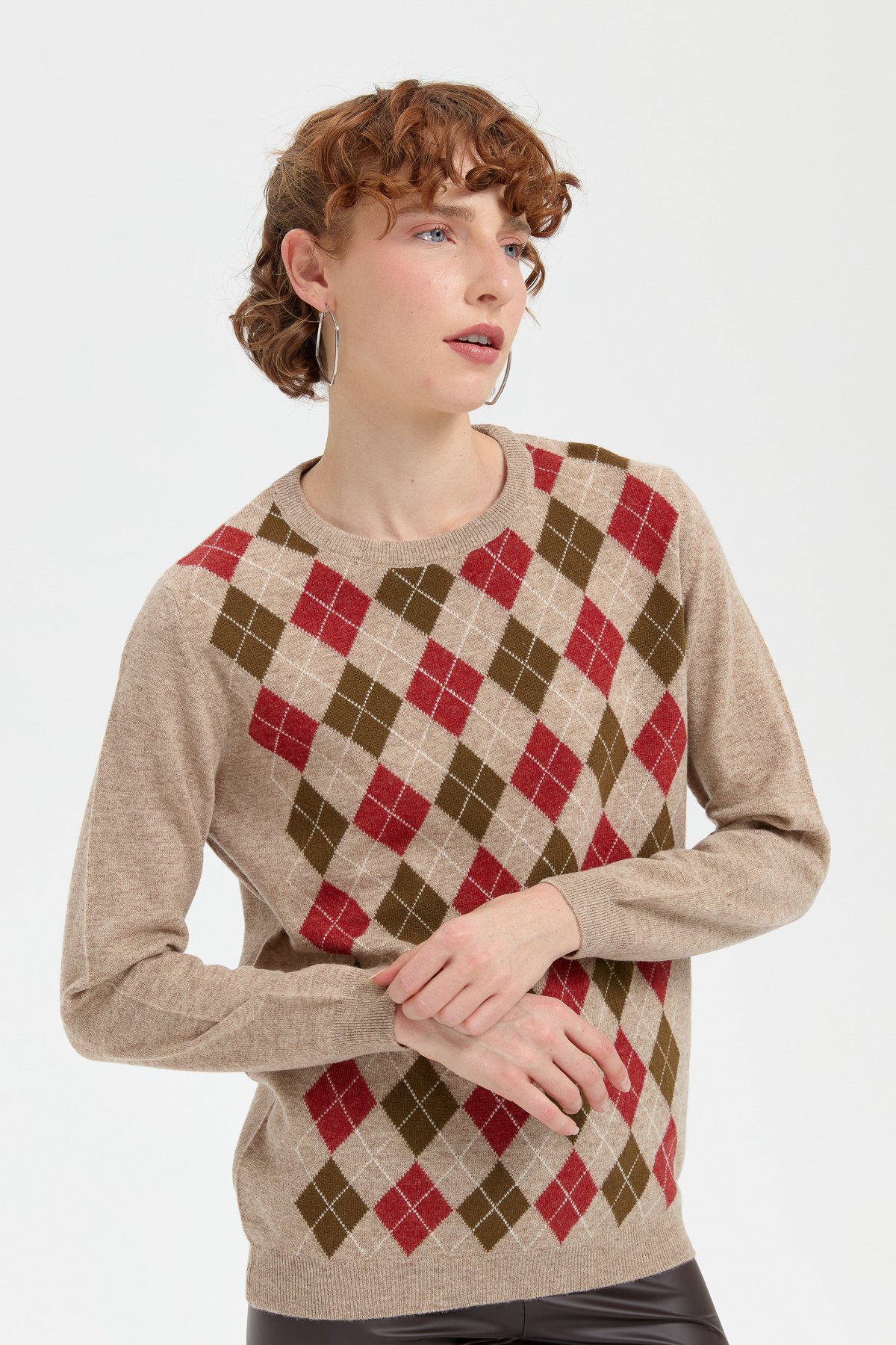 24035Kadın Sıfır Yaka Önü Baklavalı Yün Kazak K.Bej