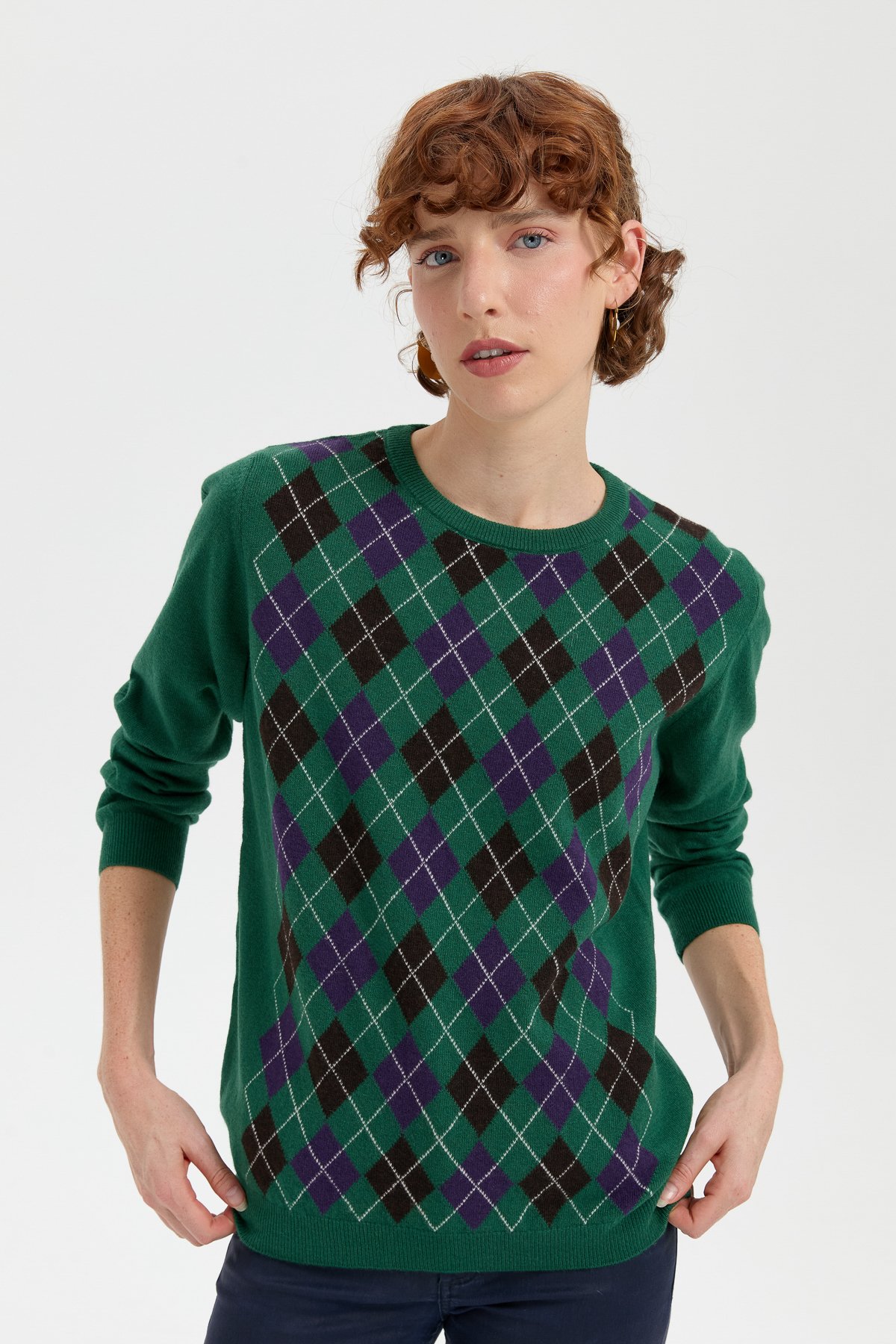 24035Kadın Sıfır Yaka Önü Baklavalı Yün Kazak Ö.Başı