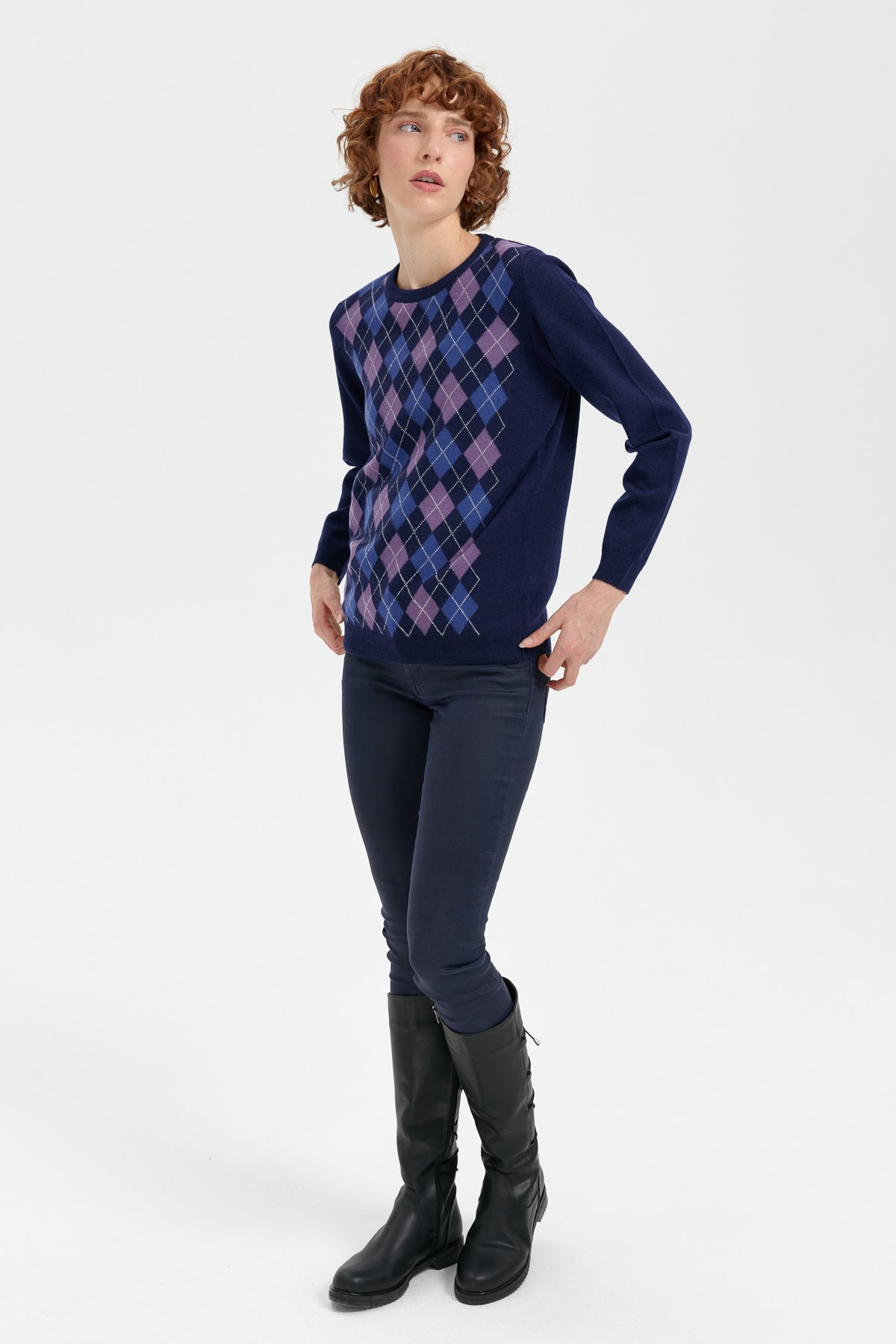 24035Kadın Sıfır Yaka Önü Baklavalı Yün Kazak Y.A.Lacivert