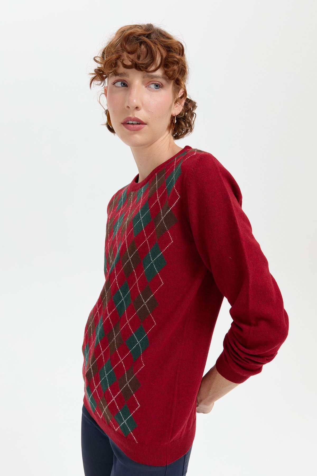 24035Kadın Sıfır Yaka Önü Baklavalı Yün Kazak V.Kırmızı