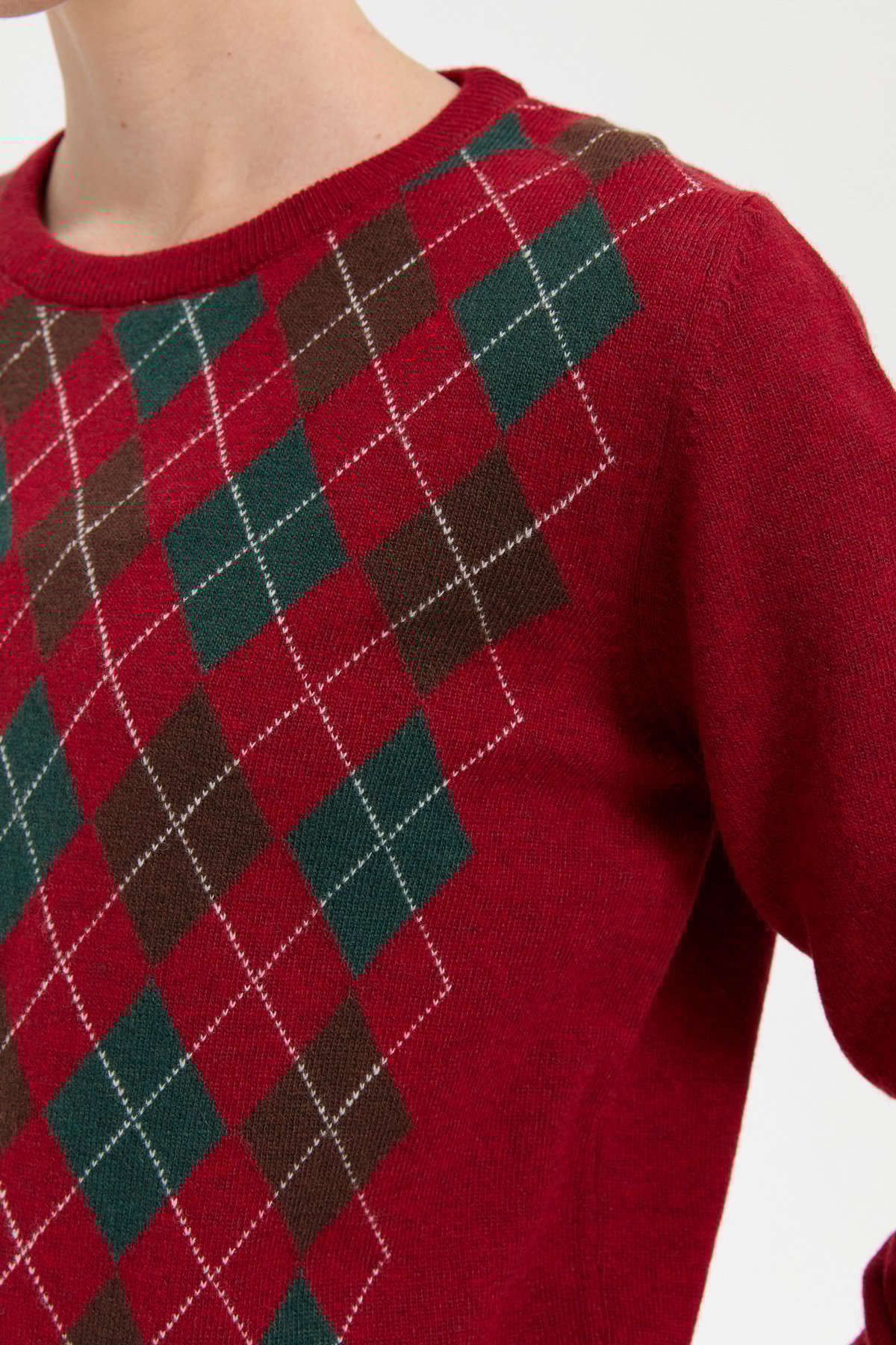 24035Kadın Sıfır Yaka Önü Baklavalı Yün Kazak V.Kırmızı