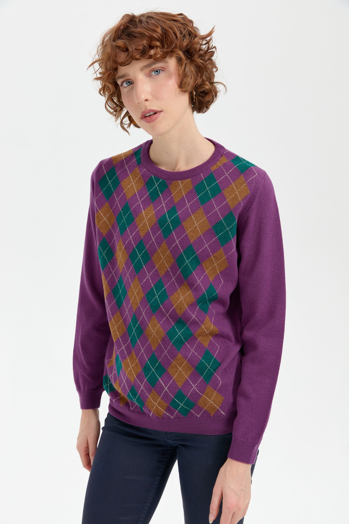 24035Kadın Sıfır Yaka Önü Baklavalı Yün Kazak A.Mor