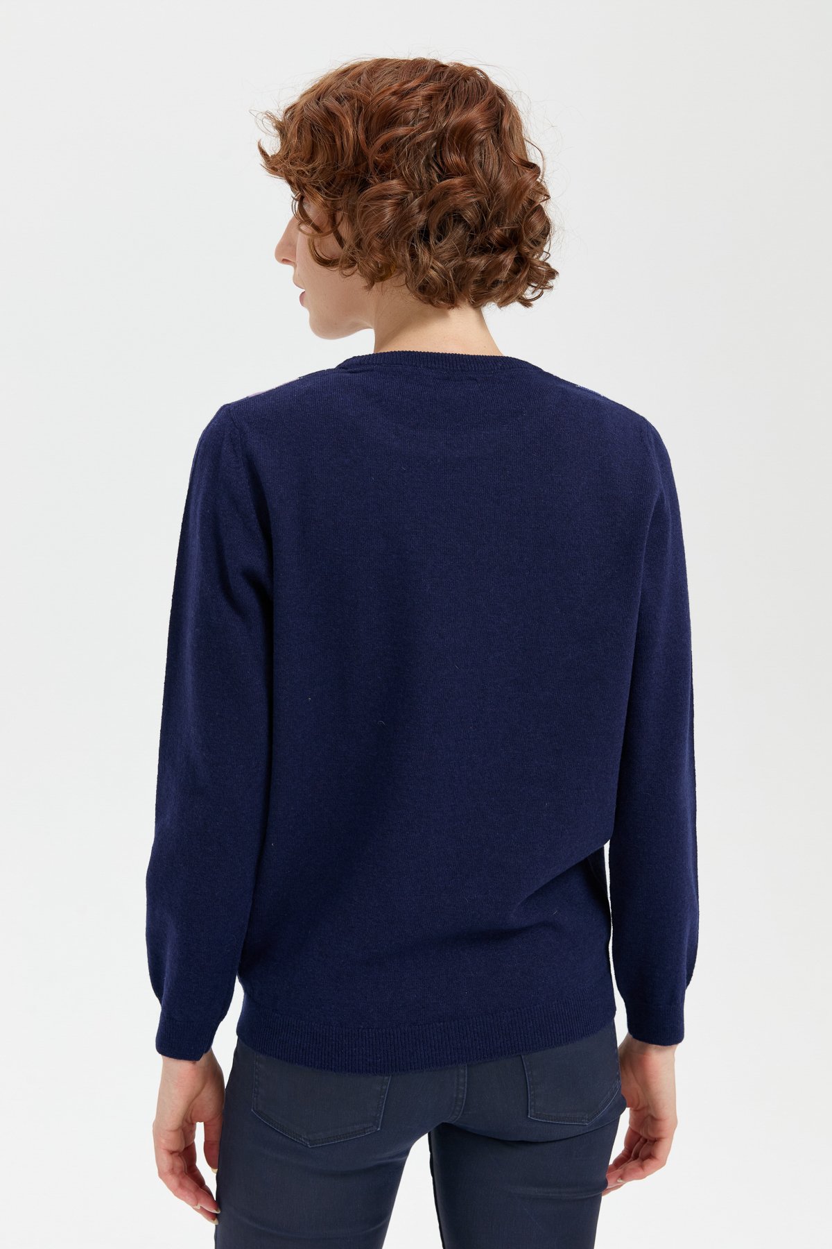 24035Kadın Sıfır Yaka Önü Baklavalı Yün Kazak Y.A.Lacivert