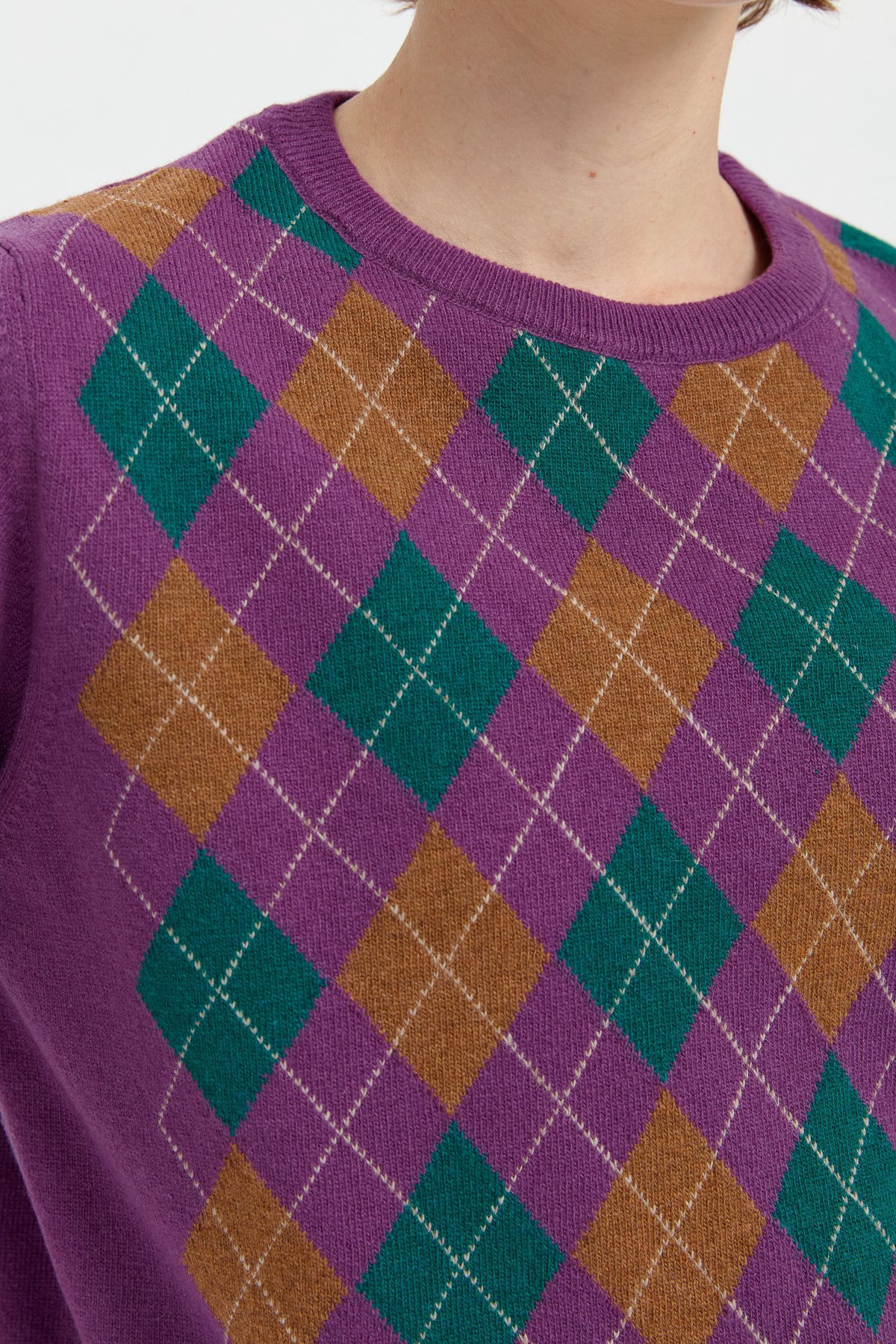 24035Kadın Sıfır Yaka Önü Baklavalı Yün Kazak A.Mor