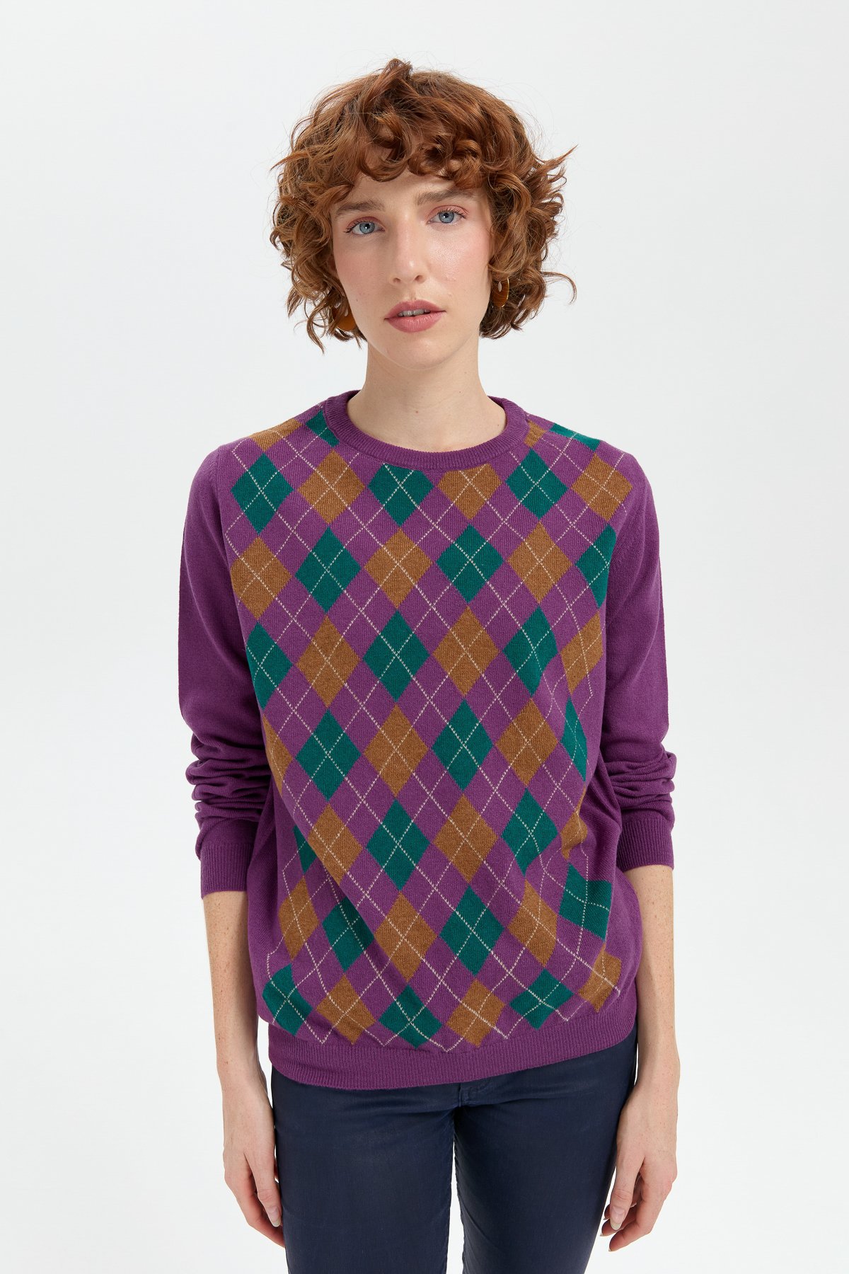 24035Kadın Sıfır Yaka Önü Baklavalı Yün Kazak A.Mor