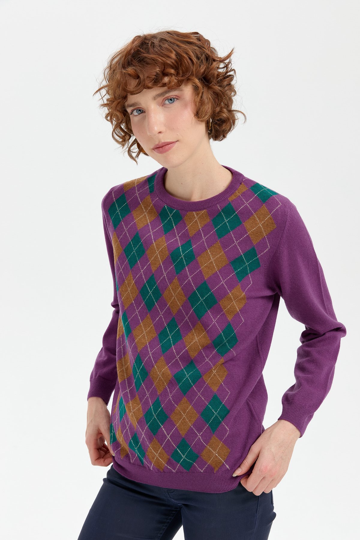 24035Kadın Sıfır Yaka Önü Baklavalı Yün Kazak A.Mor