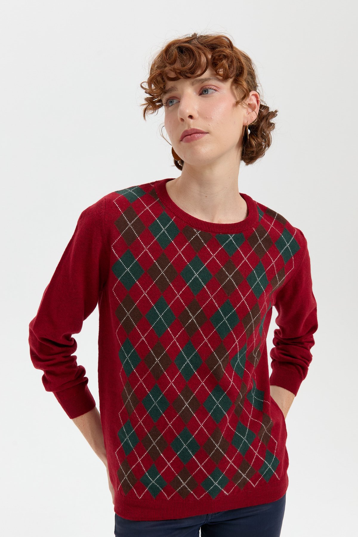 24035Kadın Sıfır Yaka Önü Baklavalı Yün Kazak V.Kırmızı