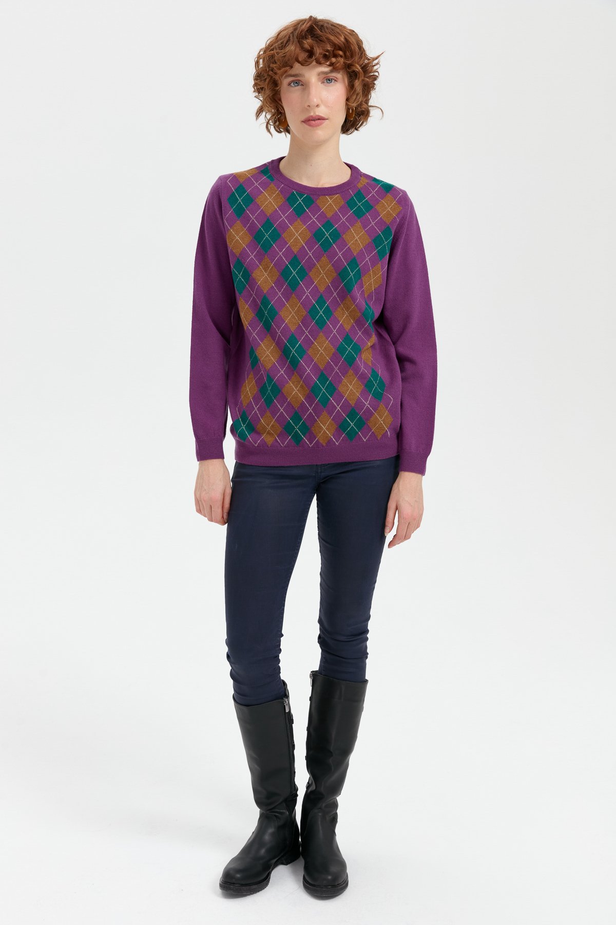 24035Kadın Sıfır Yaka Önü Baklavalı Yün Kazak A.Mor