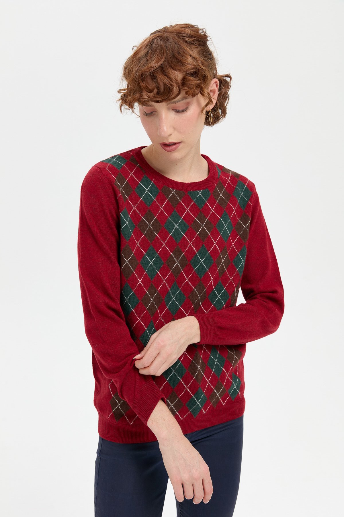 24035Kadın Sıfır Yaka Önü Baklavalı Yün Kazak V.Kırmızı