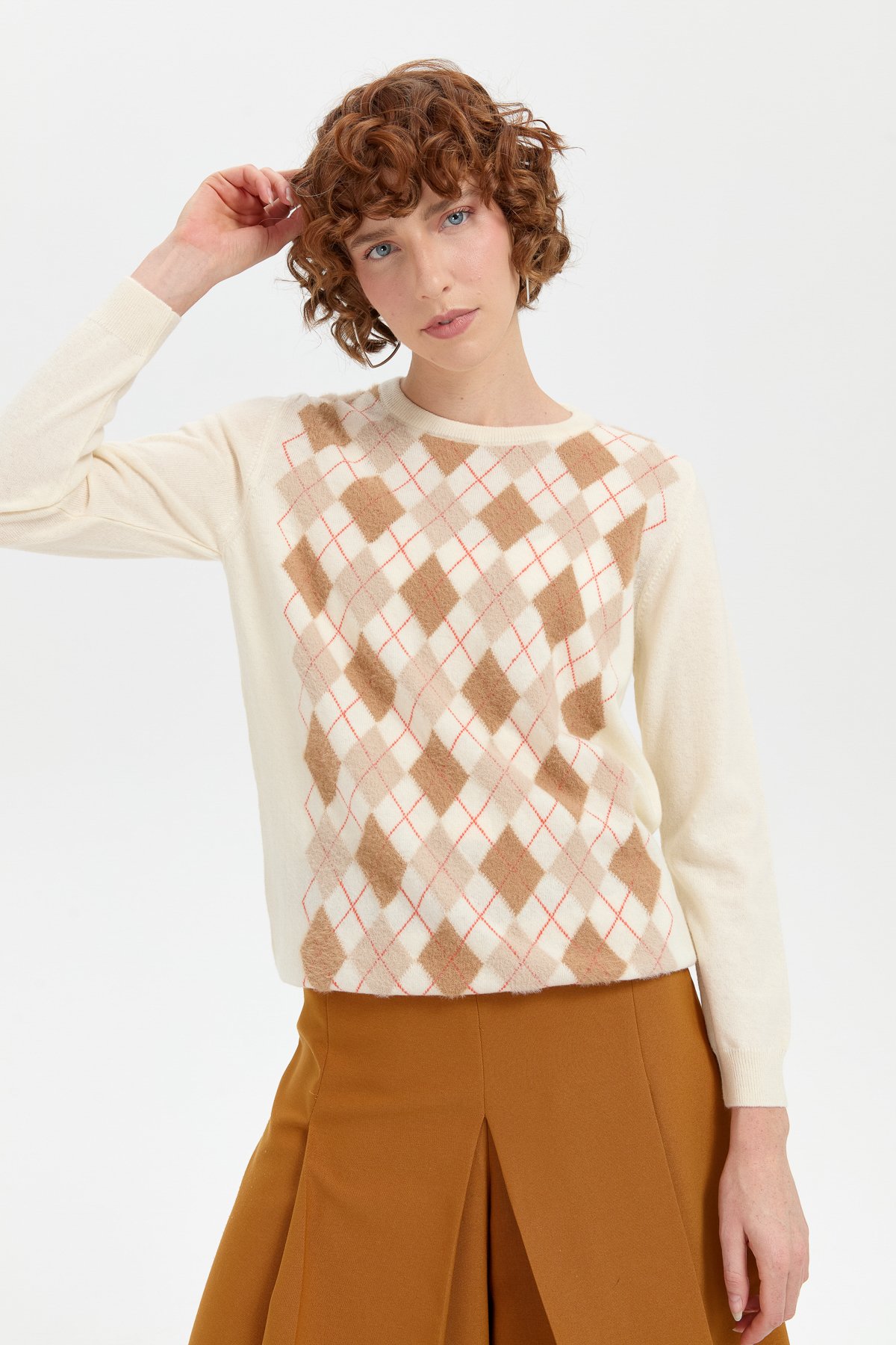 24035Kadın Sıfır Yaka Önü Baklavalı Yün Kazak Kemik