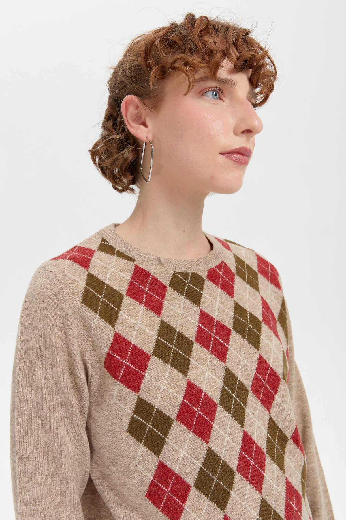 24035Kadın Sıfır Yaka Önü Baklavalı Yün Kazak K.Bej