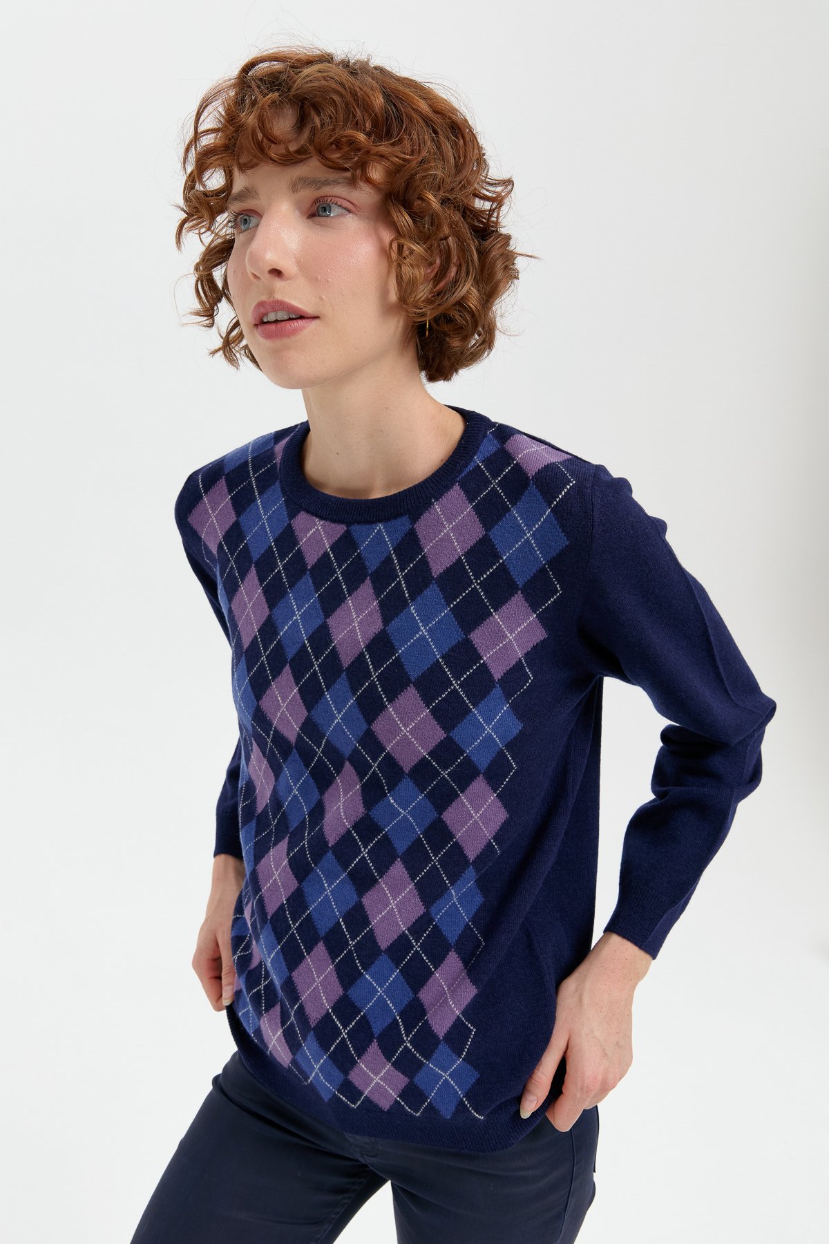 24035Kadın Sıfır Yaka Önü Baklavalı Yün Kazak Y.A.Lacivert