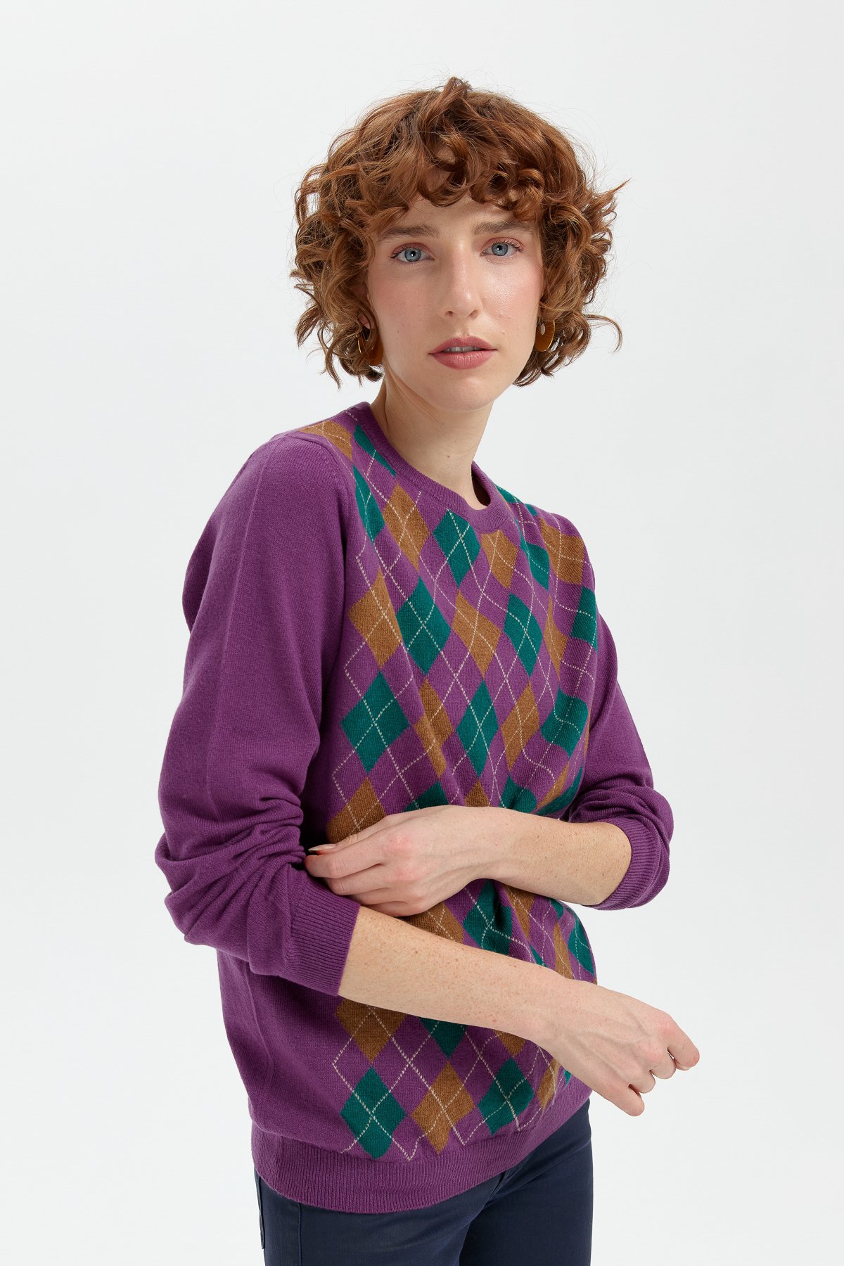 24035Kadın Sıfır Yaka Önü Baklavalı Yün Kazak A.Mor