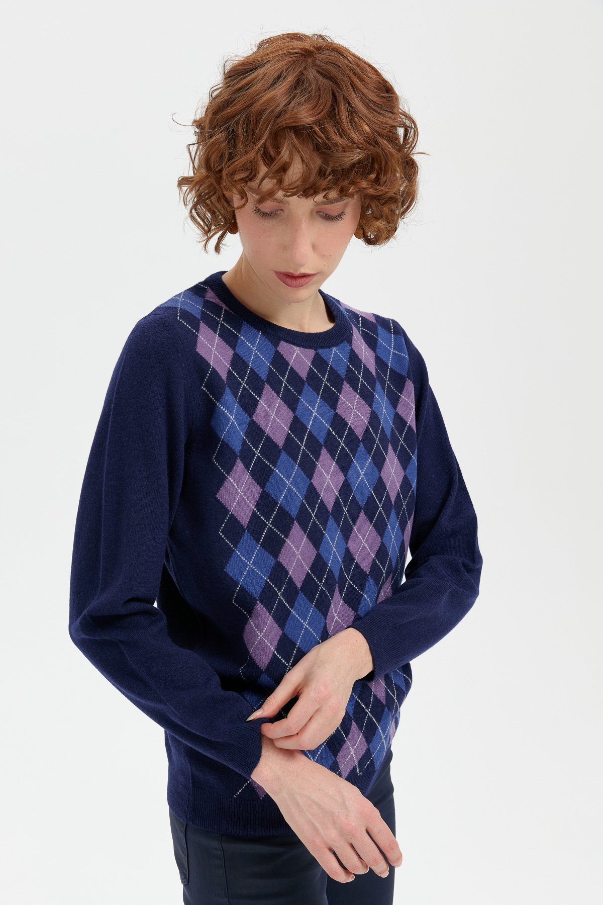 24035Kadın Sıfır Yaka Önü Baklavalı Yün Kazak Y.A.Lacivert