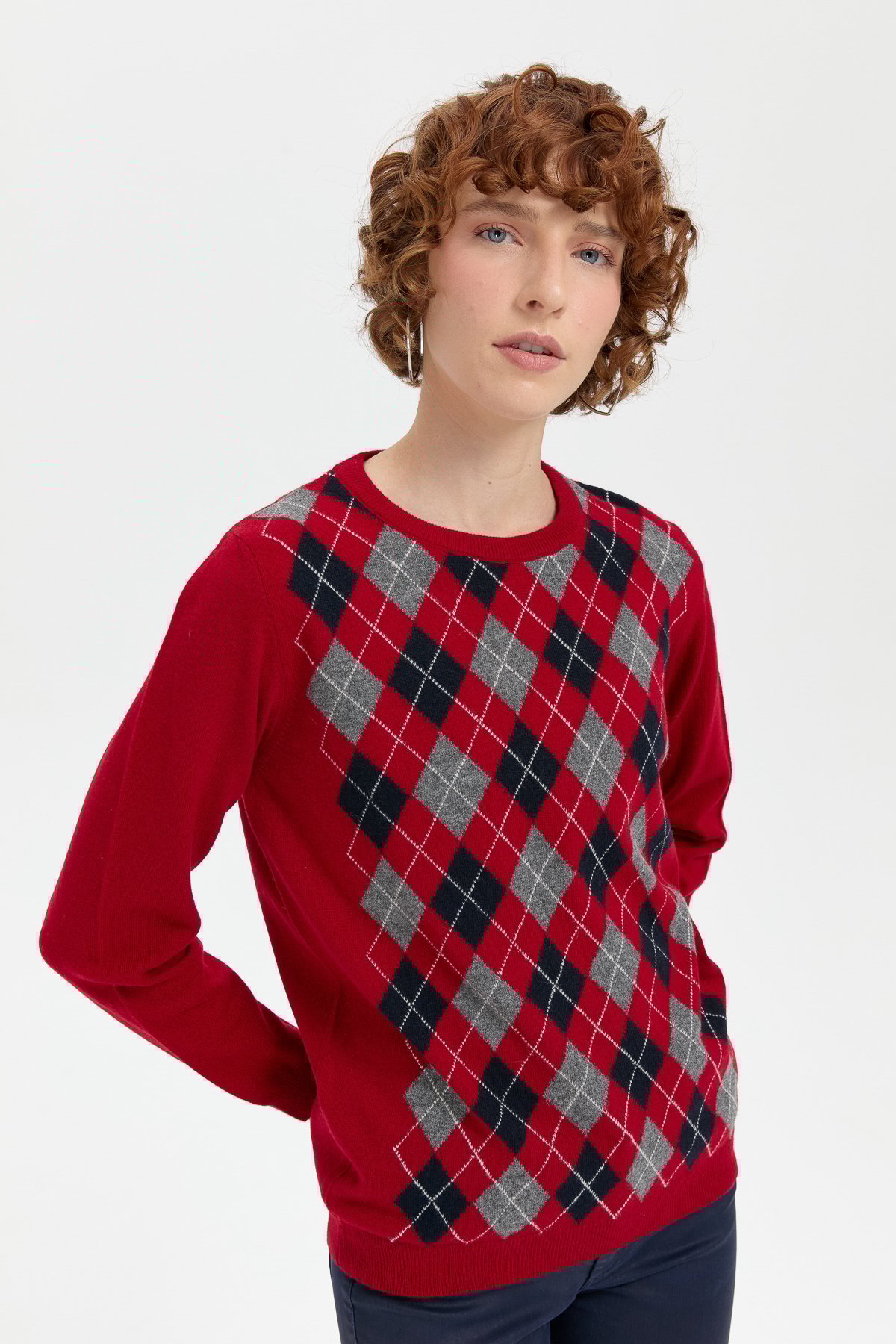 24035Kadın Sıfır Yaka Önü Baklavalı Yün Kazak K.Kırmızı