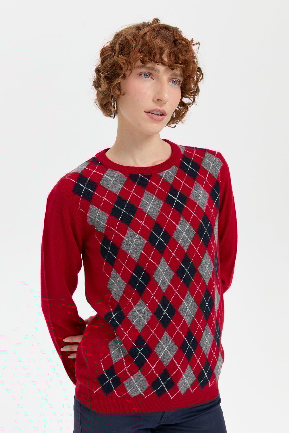 24035Kadın Sıfır Yaka Önü Baklavalı Yün Kazak K.Kırmızı