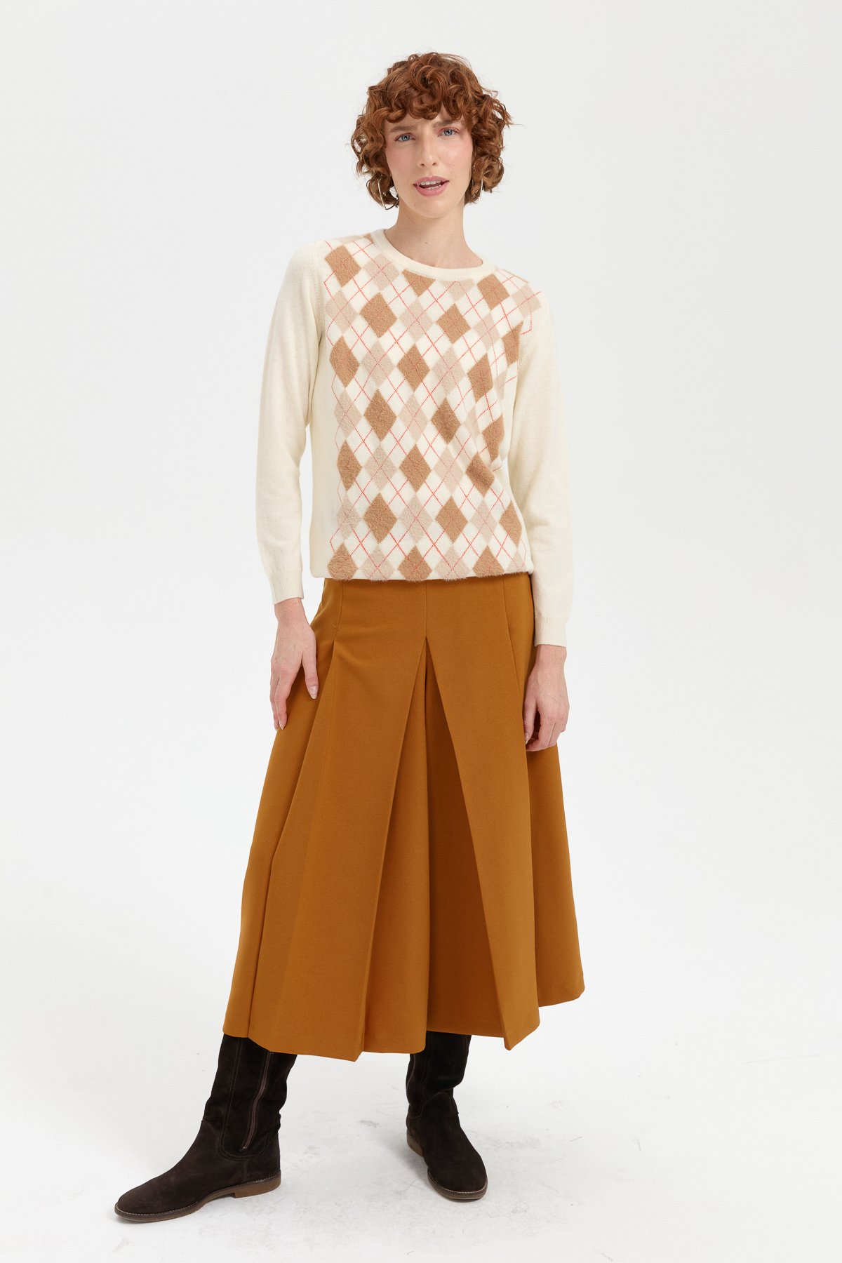 24035Kadın Sıfır Yaka Önü Baklavalı Yün Kazak Kemik