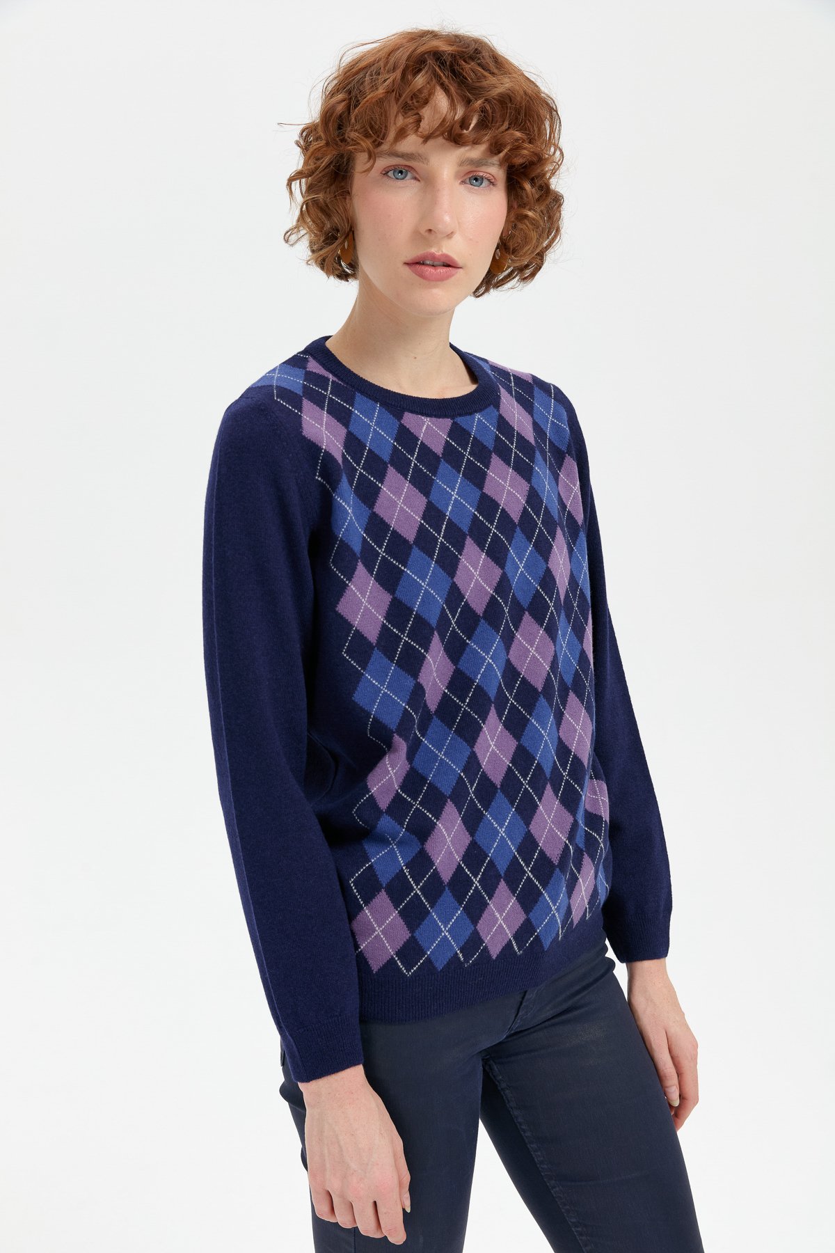 24035Kadın Sıfır Yaka Önü Baklavalı Yün Kazak Y.A.Lacivert