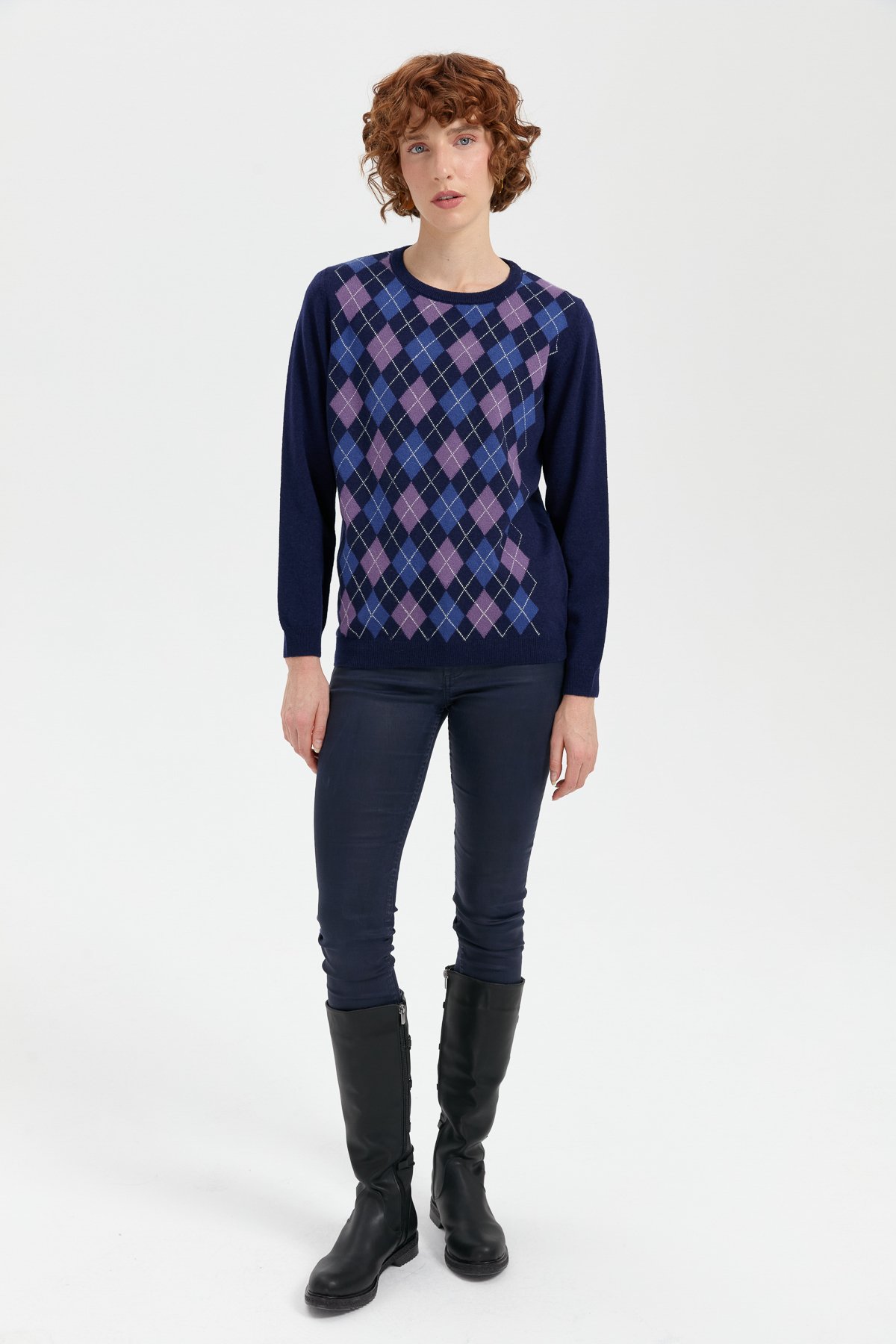 24035Kadın Sıfır Yaka Önü Baklavalı Yün Kazak Y.A.Lacivert