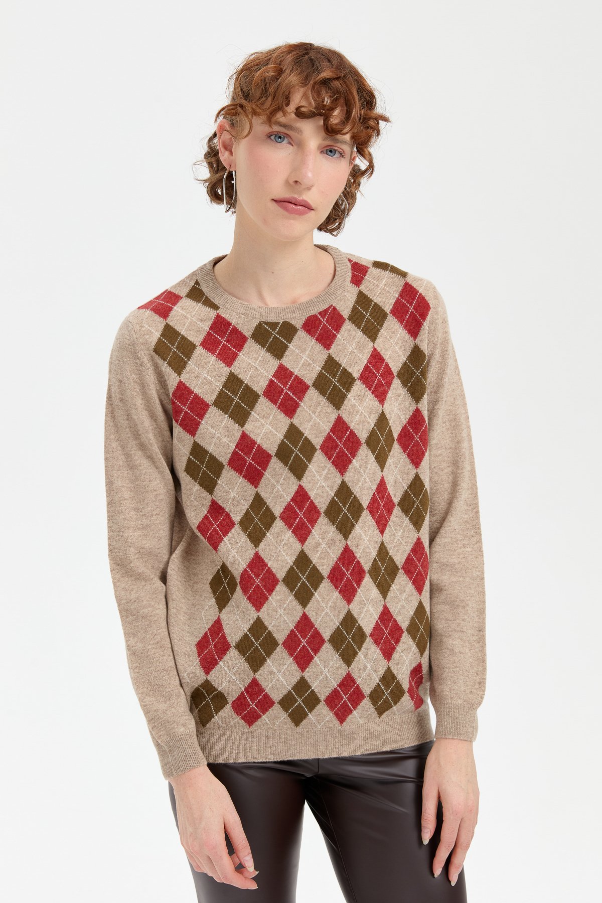 24035Kadın Sıfır Yaka Önü Baklavalı Yün Kazak K.Bej