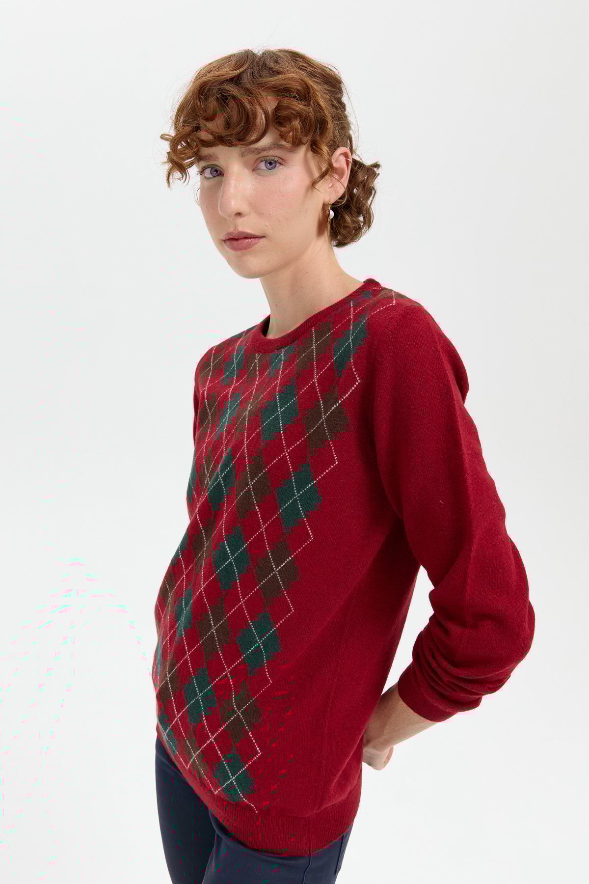 24035Kadın Sıfır Yaka Önü Baklavalı Yün Kazak V.Kırmızı