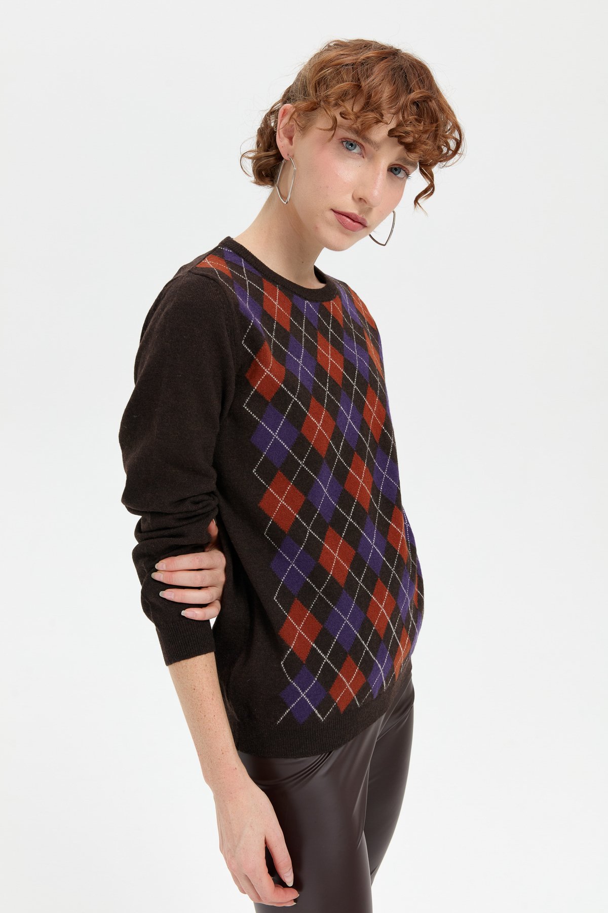 24035Kadın Sıfır Yaka Önü Baklavalı Yün Kazak K.Kahve