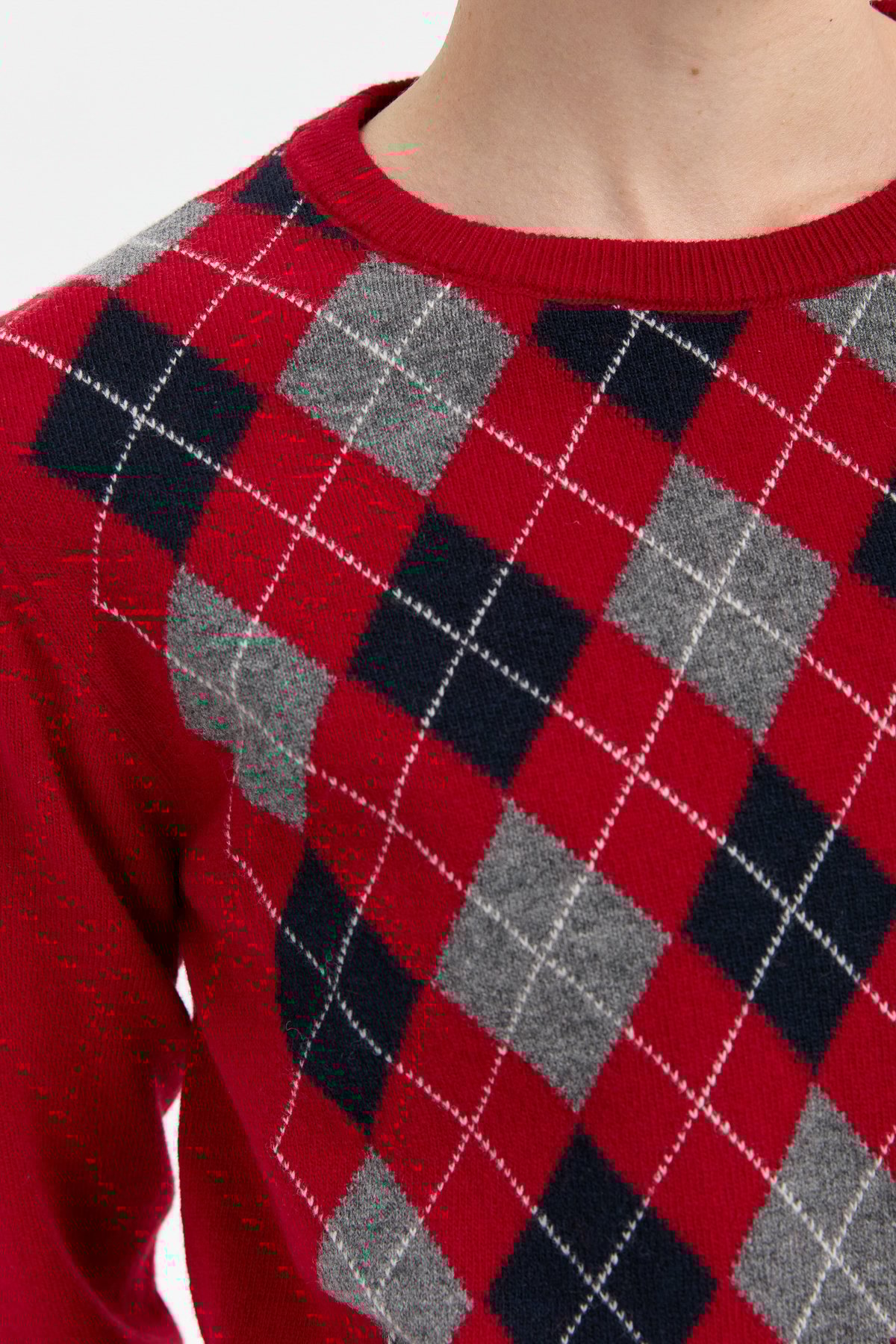 24035Kadın Sıfır Yaka Önü Baklavalı Yün Kazak K.Kırmızı