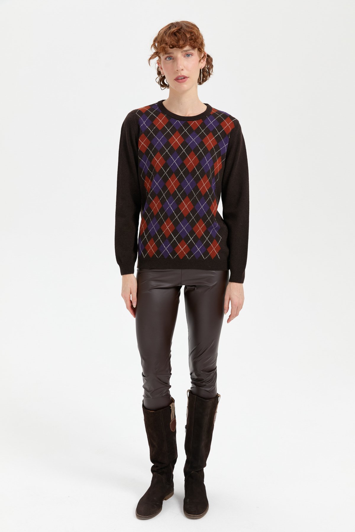 24035Kadın Sıfır Yaka Önü Baklavalı Yün Kazak K.Kahve