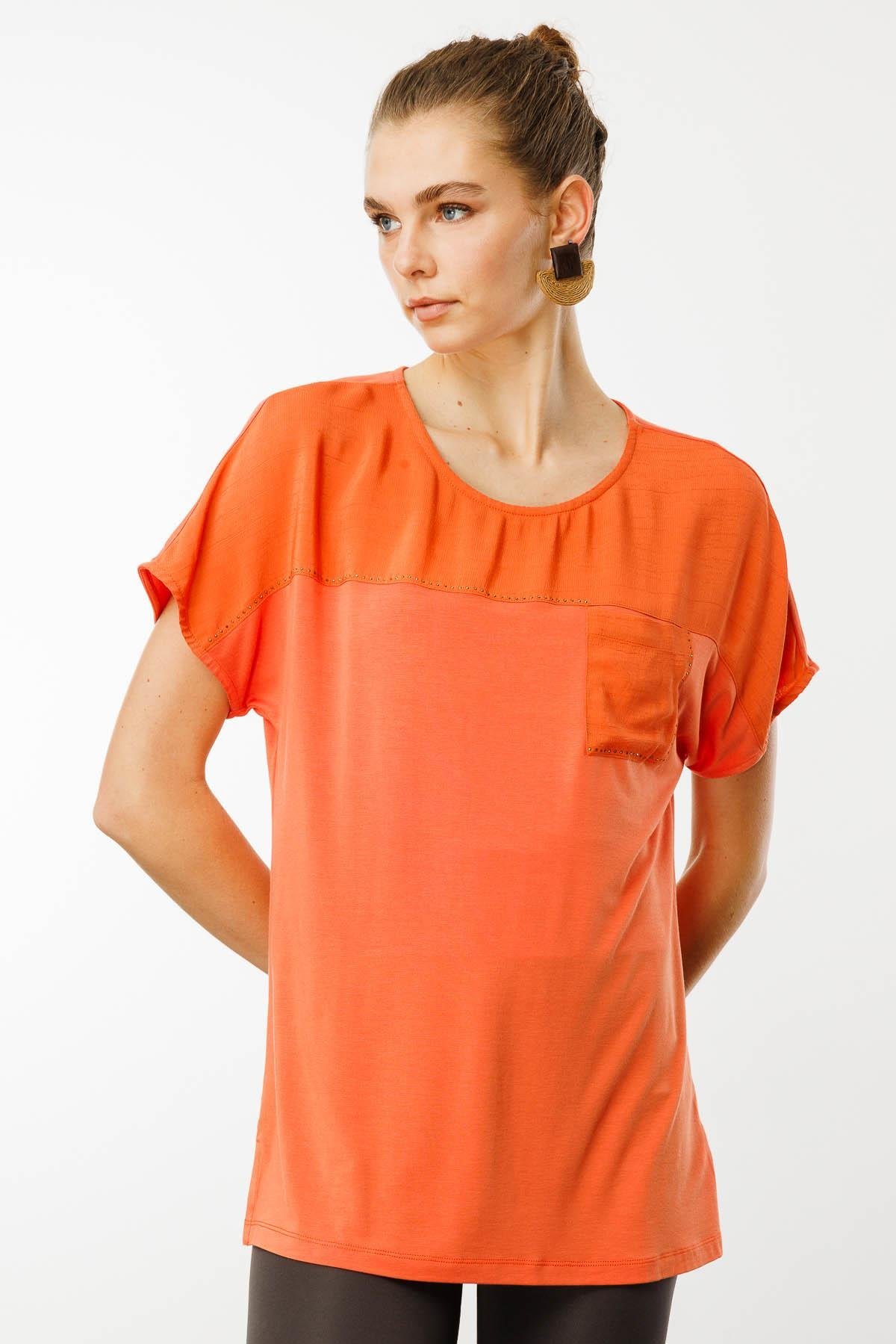 25830Kadın Sıfır Yaka Önü Cepli Penye T-shirt Oranj