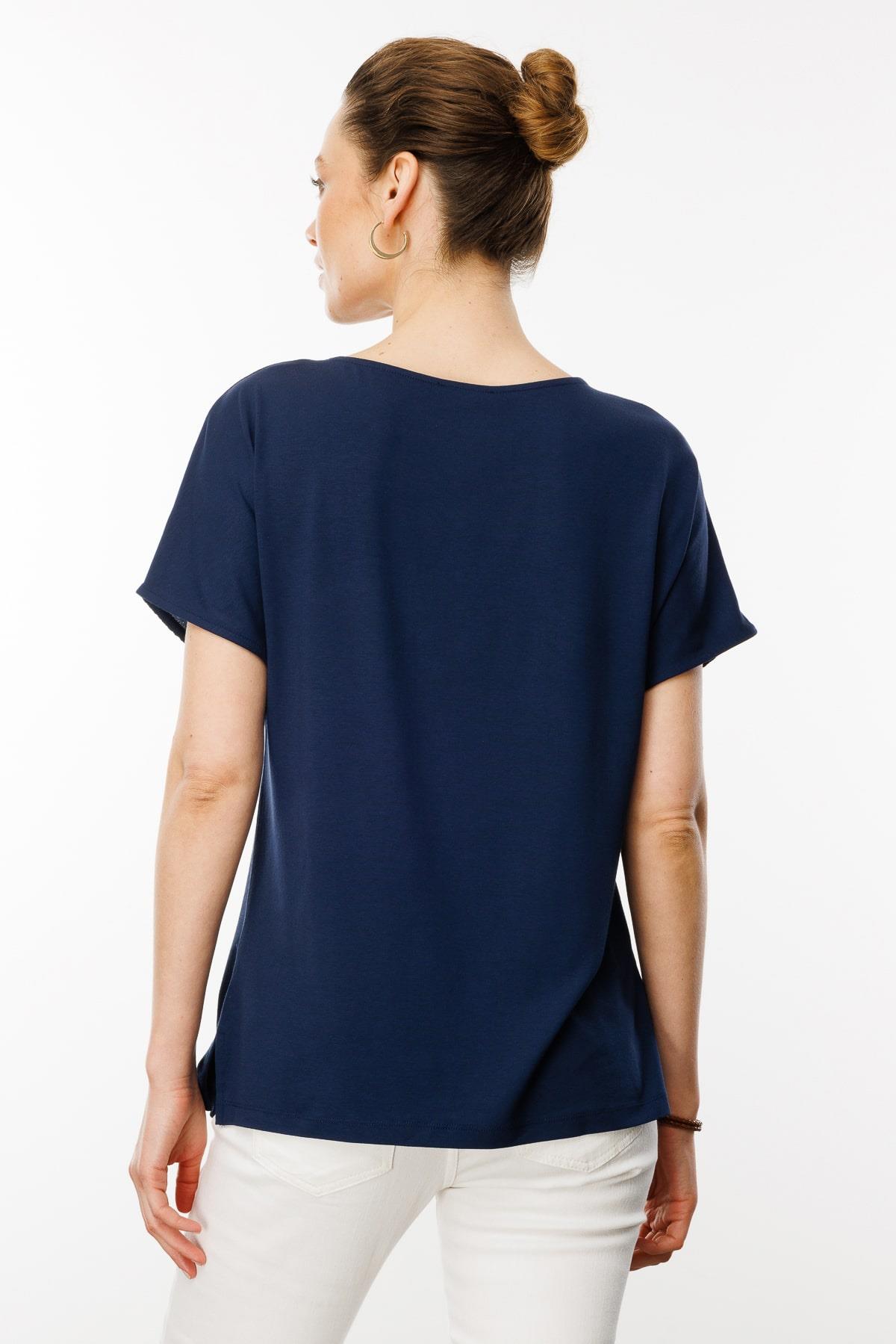 25830Kadın Sıfır Yaka Önü Cepli Penye T-shirt Lacivert