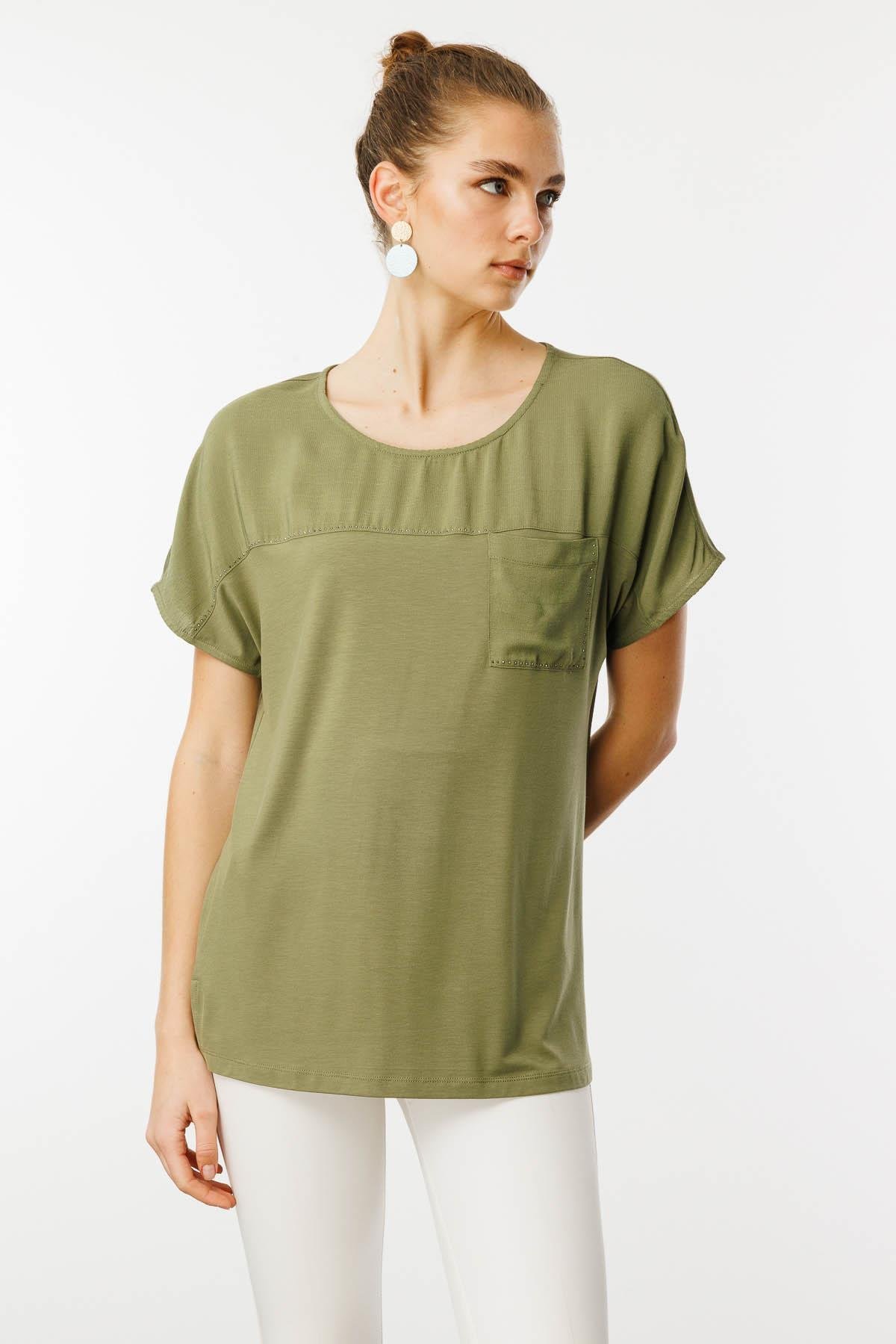 25830Kadın Sıfır Yaka Önü Cepli Penye T-shirt Haki