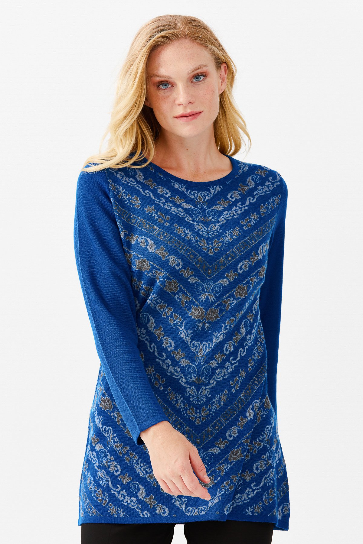 22022Женская длинная туника с цветочным принтом и круглым вырезом, ярко синяя