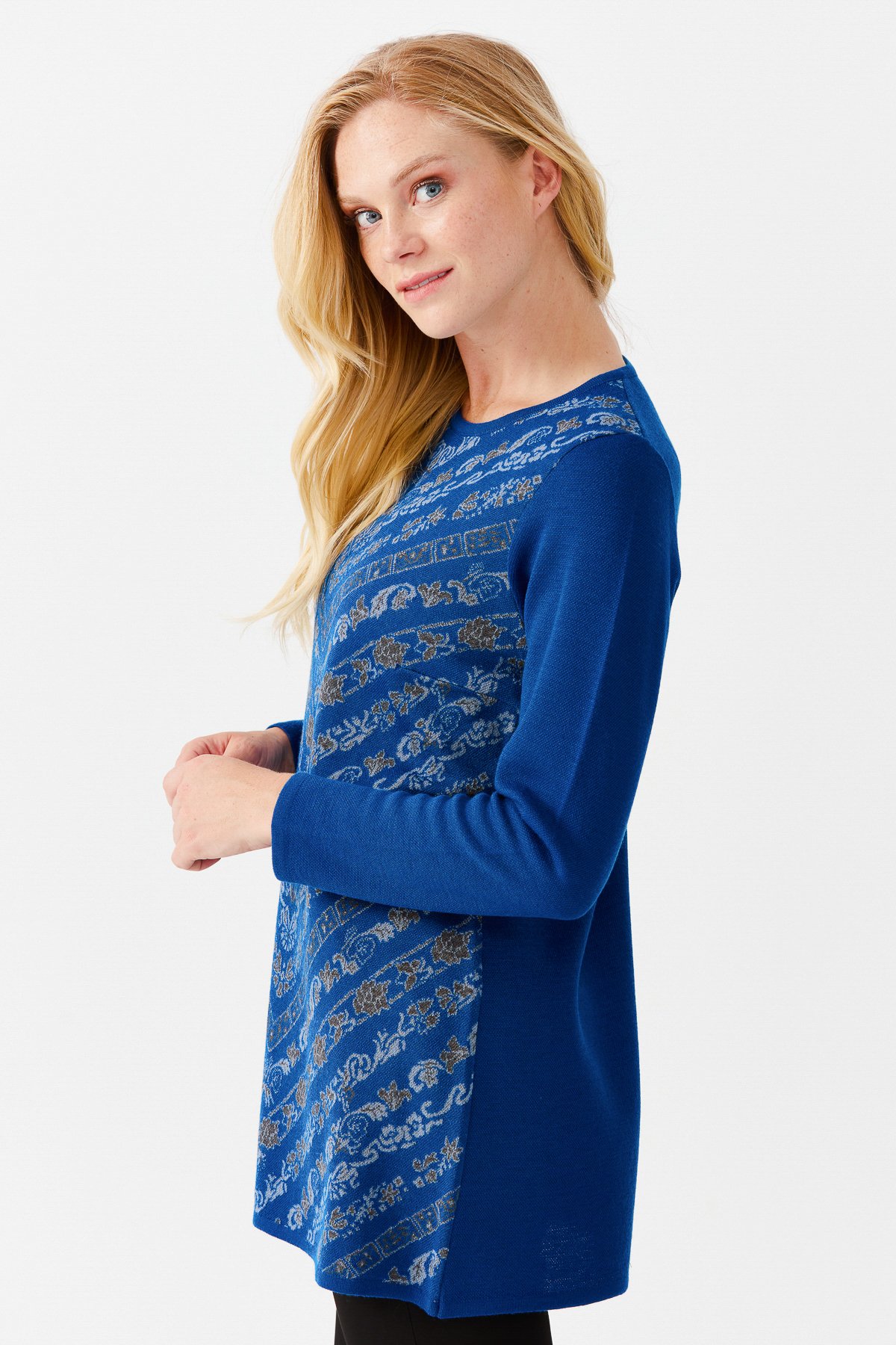 22022Женская длинная туника с цветочным принтом и круглым вырезом, ярко синяя