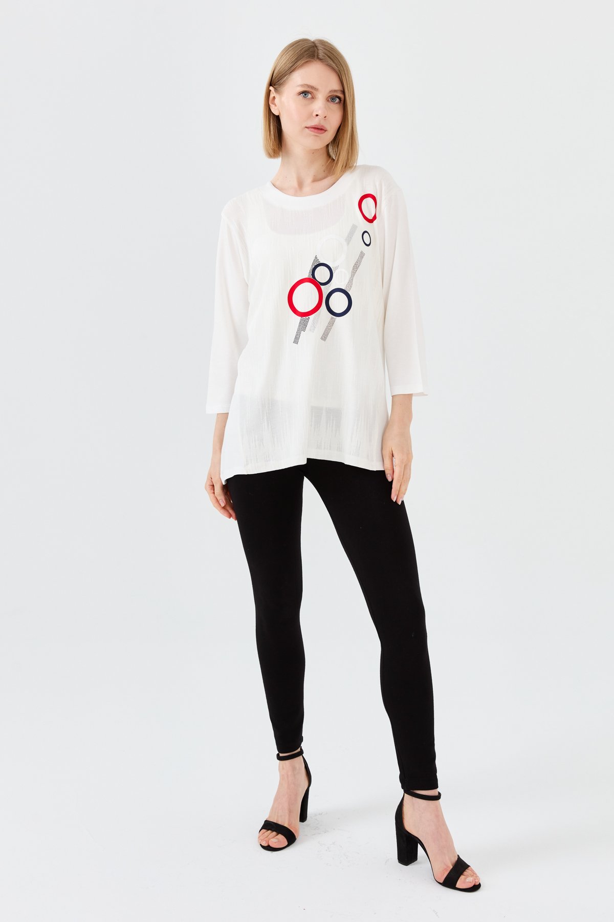 23759Kadın Sıfır Yaka Önü Desenli Penye Bluz Kemik