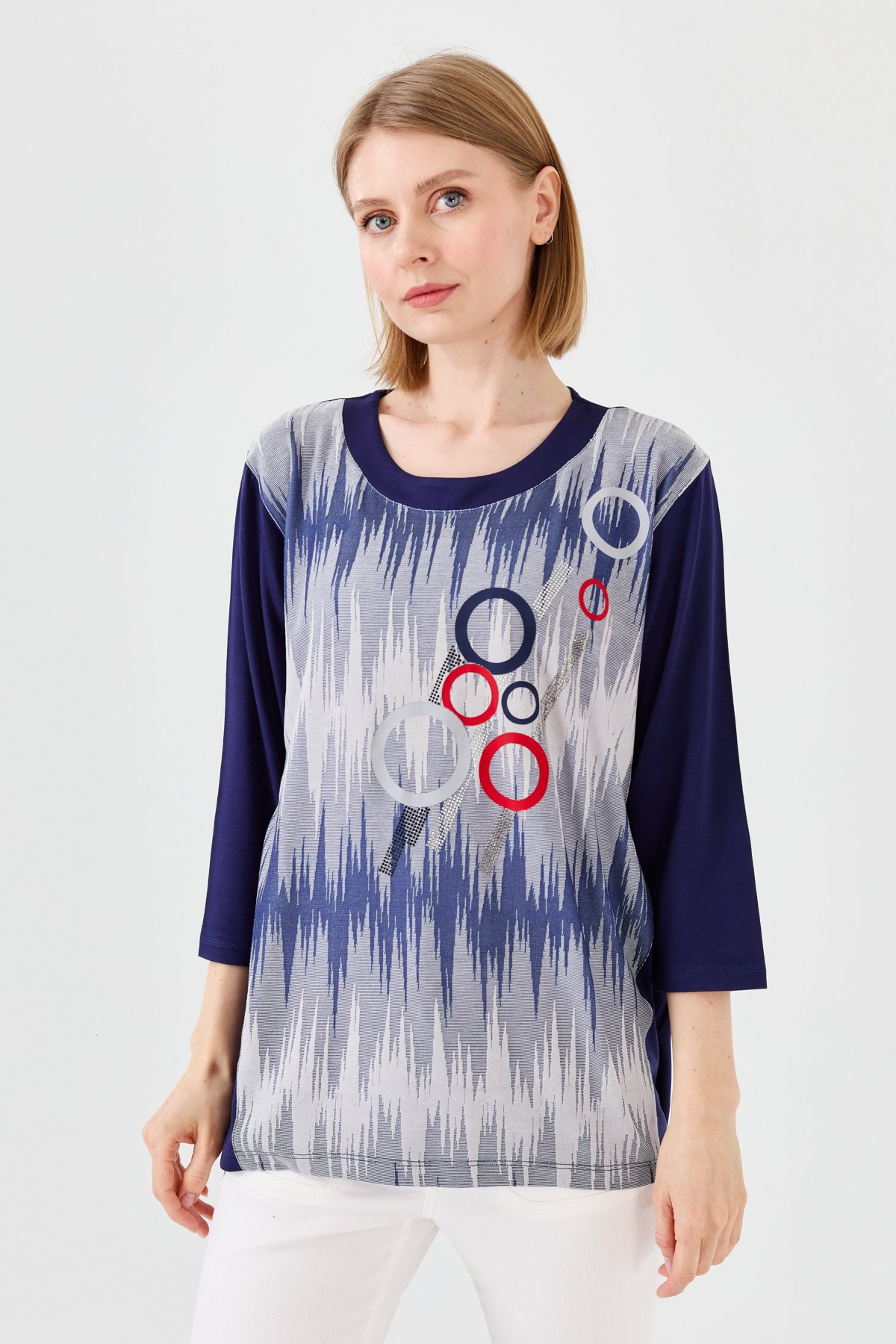 23759Kadın Sıfır Yaka Önü Desenli Penye Bluz Lacivert