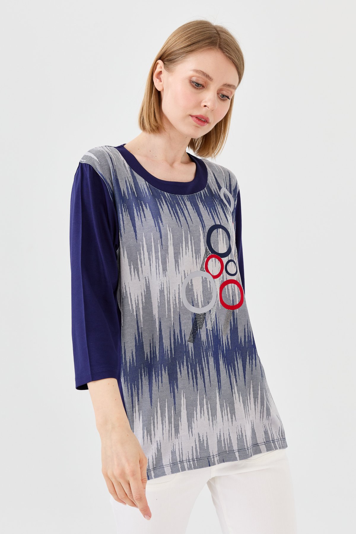 23759Kadın Sıfır Yaka Önü Desenli Penye Bluz Lacivert