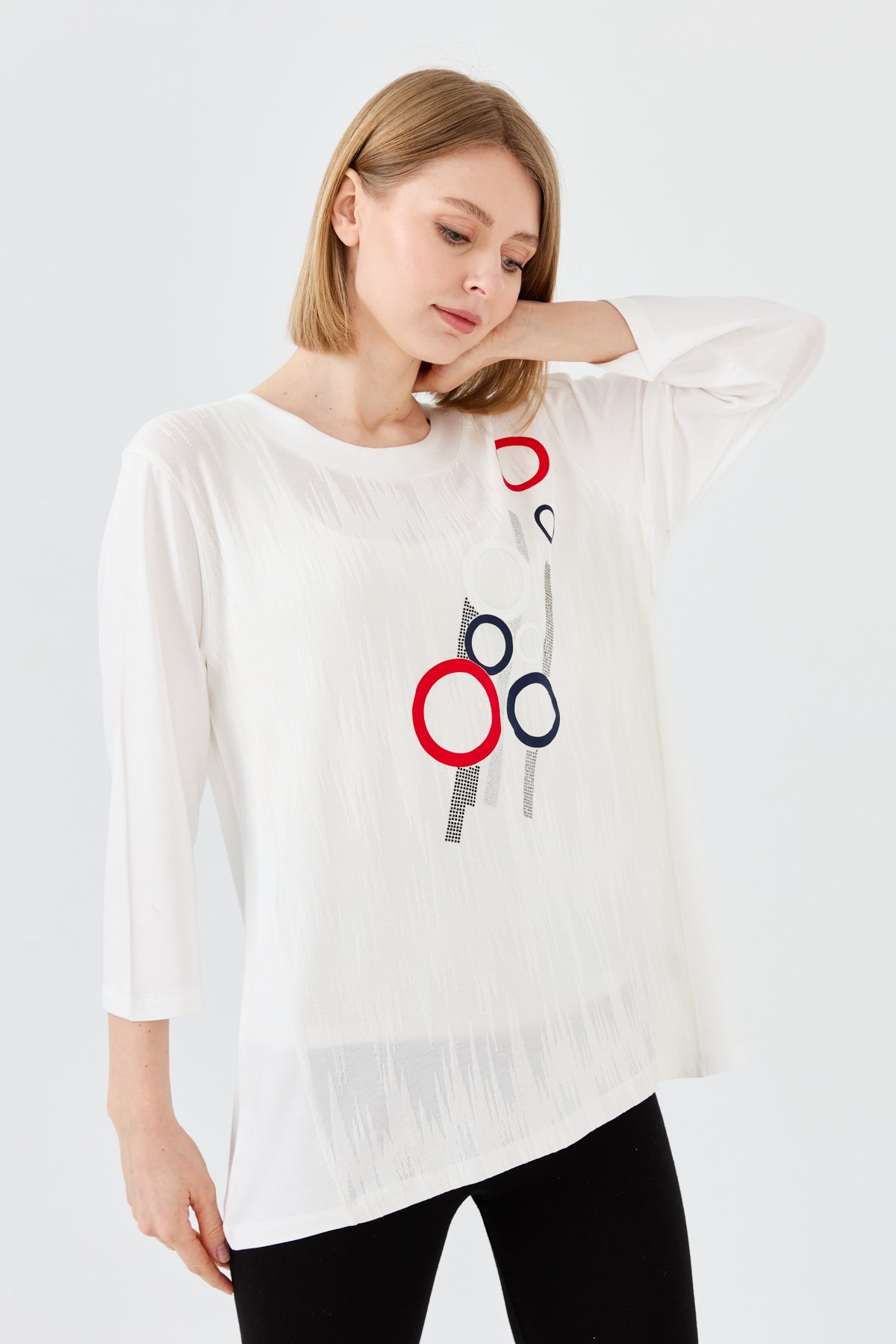 23759Kadın Sıfır Yaka Önü Desenli Penye Bluz Kemik