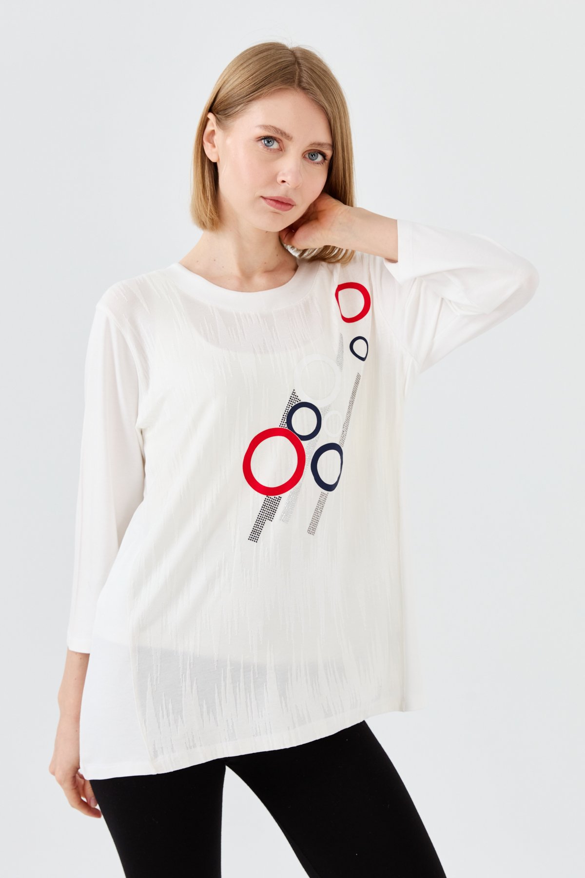 23759Kadın Sıfır Yaka Önü Desenli Penye Bluz Kemik