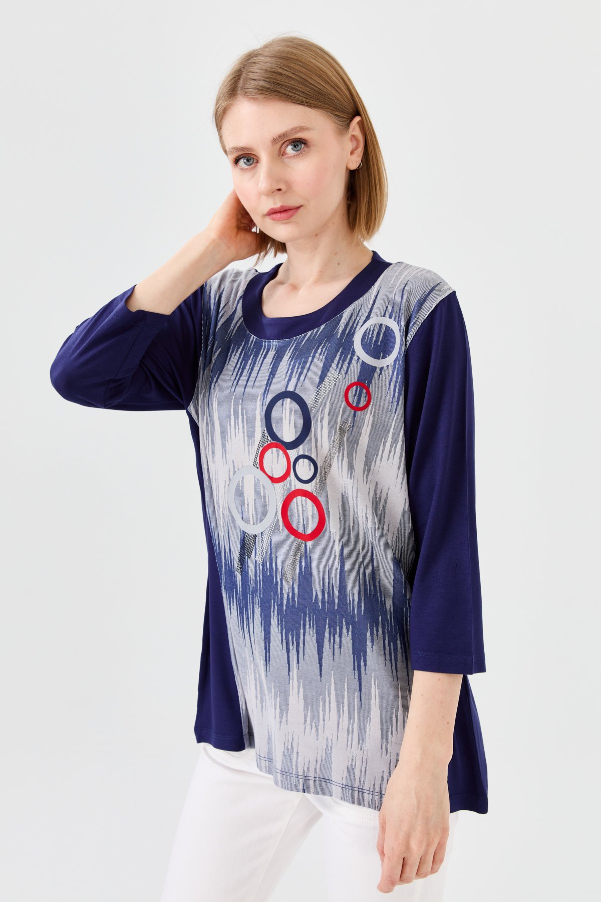 23759Kadın Sıfır Yaka Önü Desenli Penye Bluz Lacivert