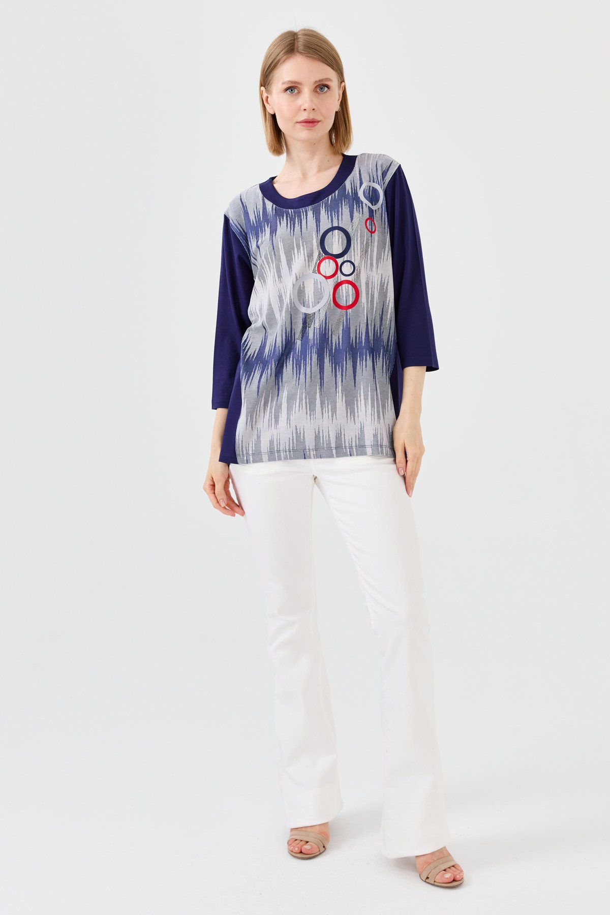 23759Kadın Sıfır Yaka Önü Desenli Penye Bluz Lacivert