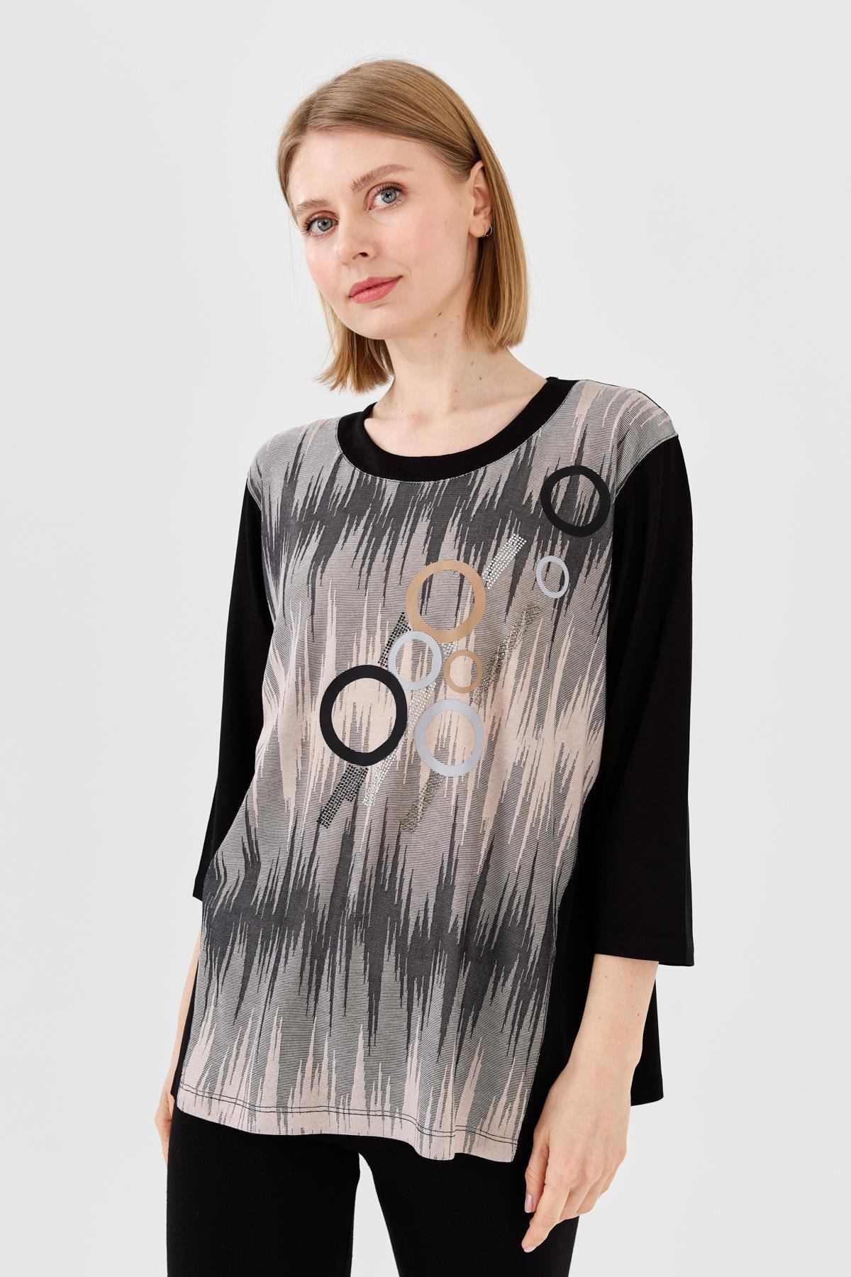 23759Kadın Sıfır Yaka Önü Desenli Penye Bluz Siyah