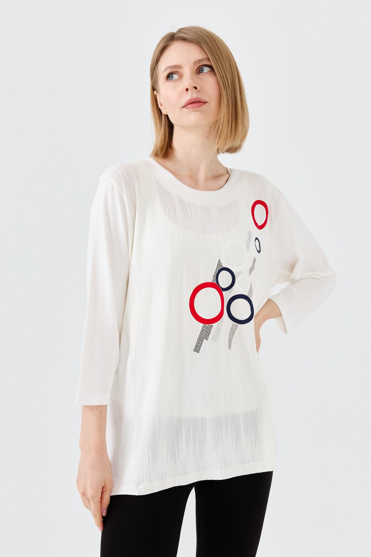 23759Kadın Sıfır Yaka Önü Desenli Penye Bluz Kemik