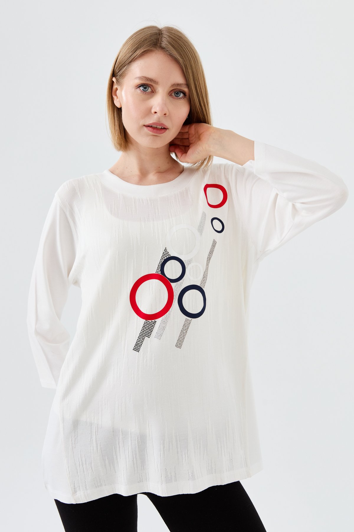 23759Kadın Sıfır Yaka Önü Desenli Penye Bluz Kemik