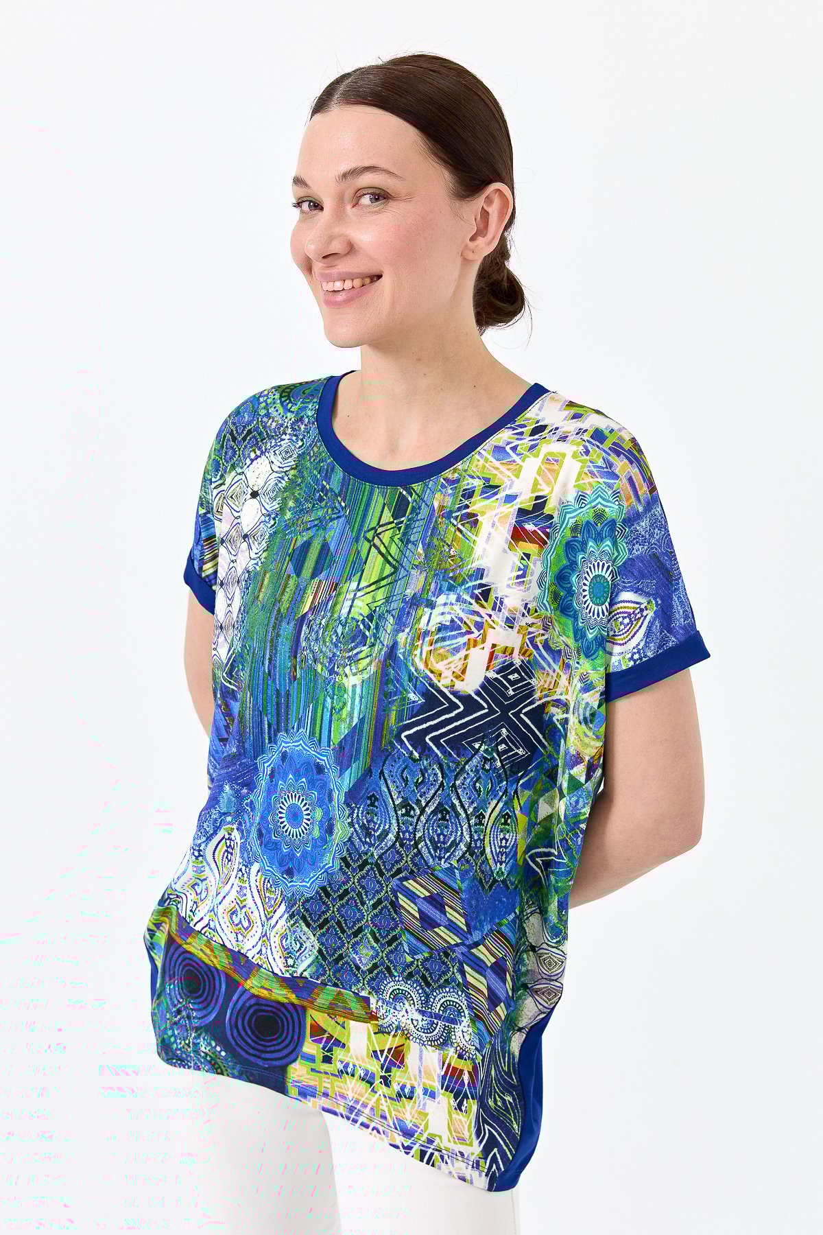 23712Kadın Sıfır Yaka Önü Desenli Penye T-shirt Saks