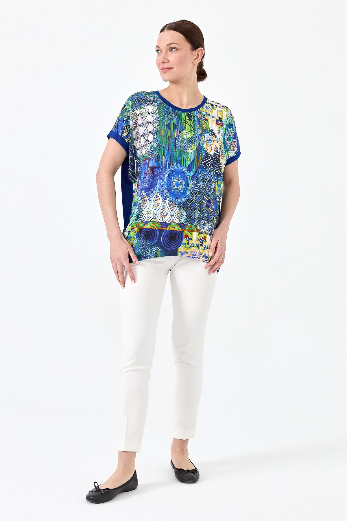 23712Kadın Sıfır Yaka Önü Desenli Penye T-shirt Saks