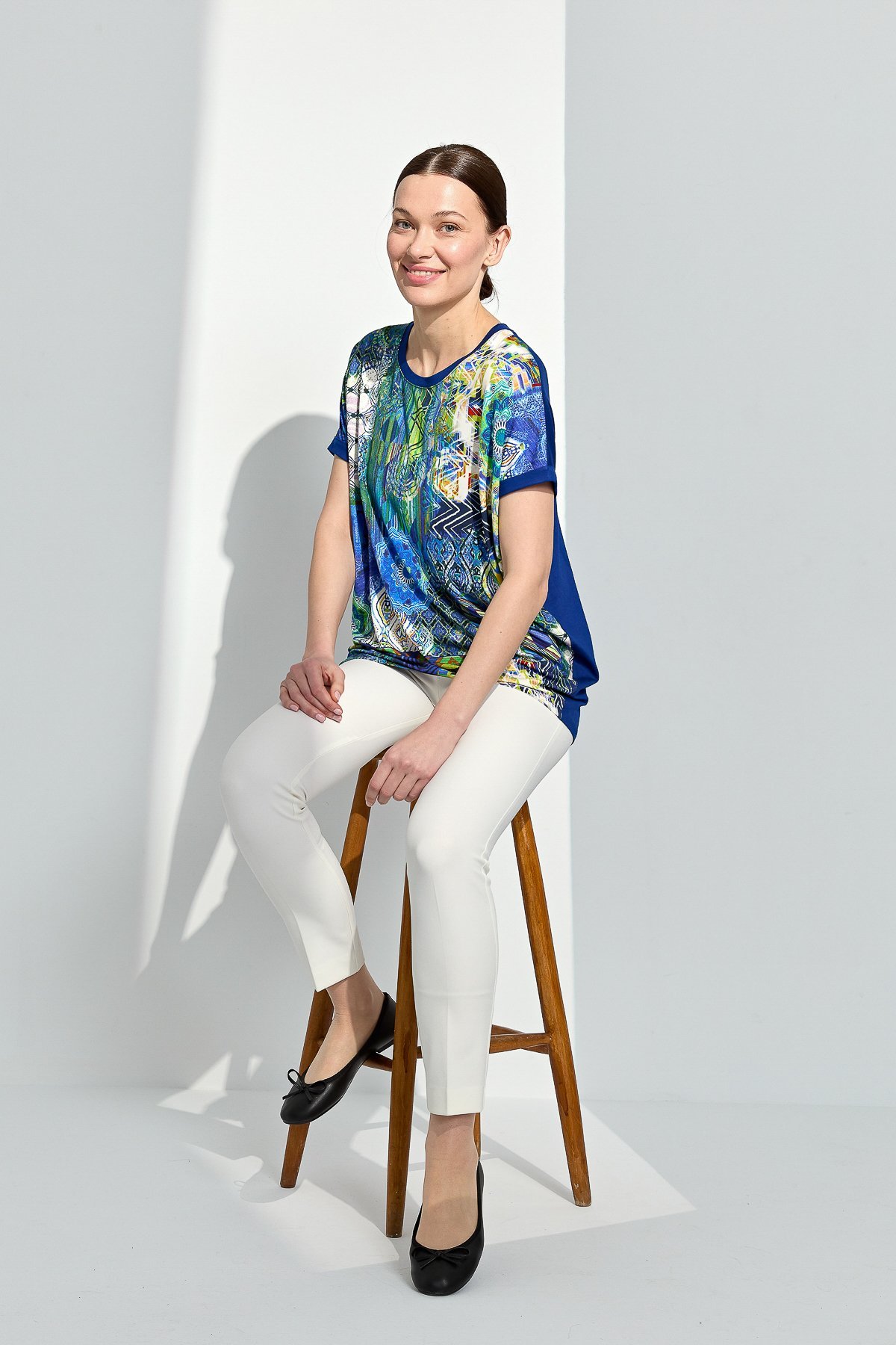 23712Kadın Sıfır Yaka Önü Desenli Penye T-shirt Saks